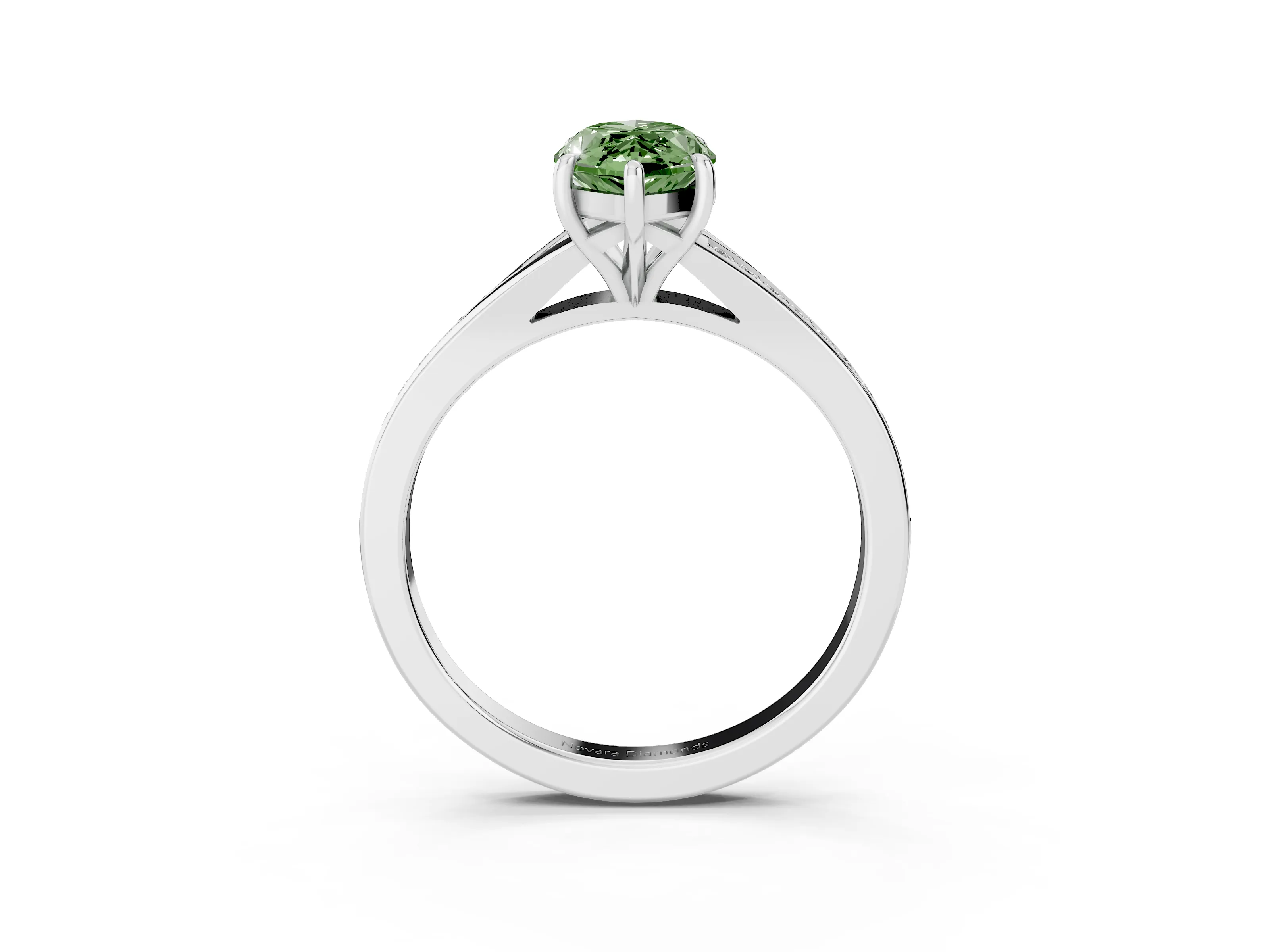 Fancy Green Marquise Cut Diamond Solitaire Ring Set in White gold with Pavé Accent Band and Classic Prong Setting