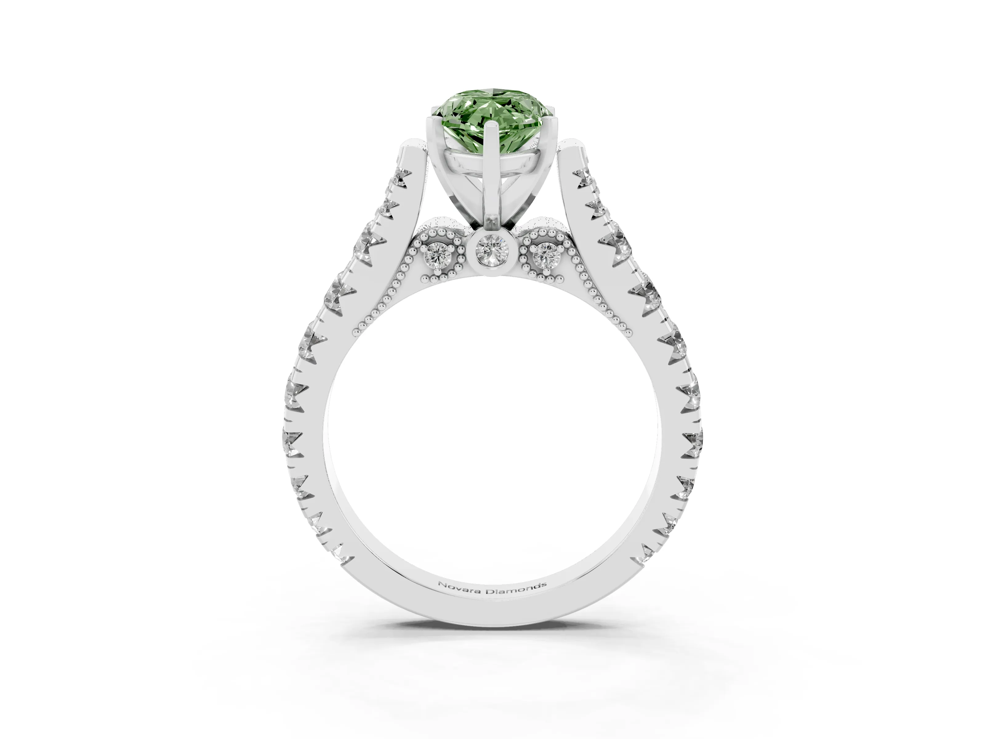 Fancy Green Marquise Cut Diamond Classic Solitaire Ring Set in Silver with Pavé Band and Prong Setting