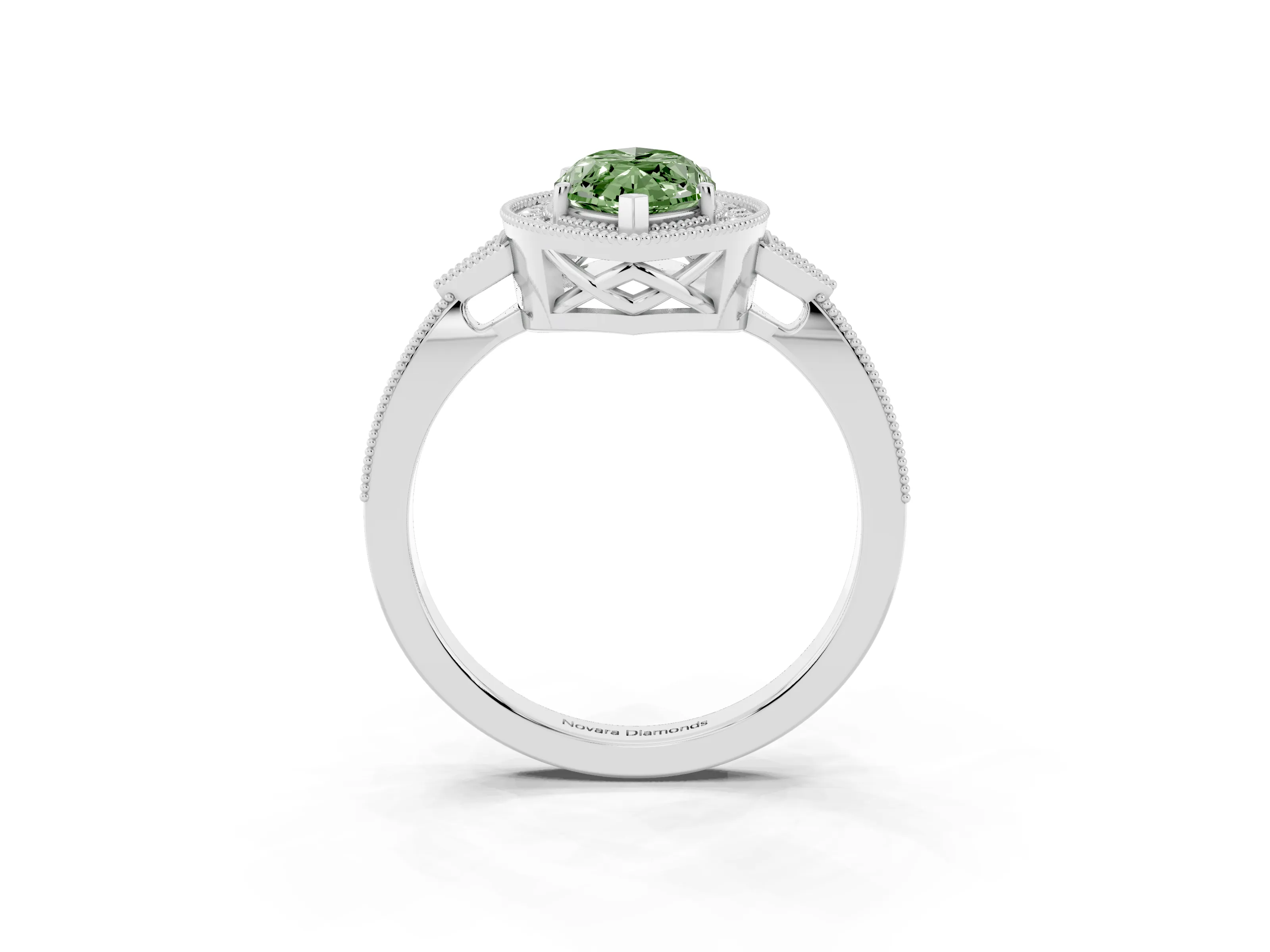 Fancy Green Marquise Cut Diamond Halo Engagement Ring Set in White gold with Milgrain Pavé Band
