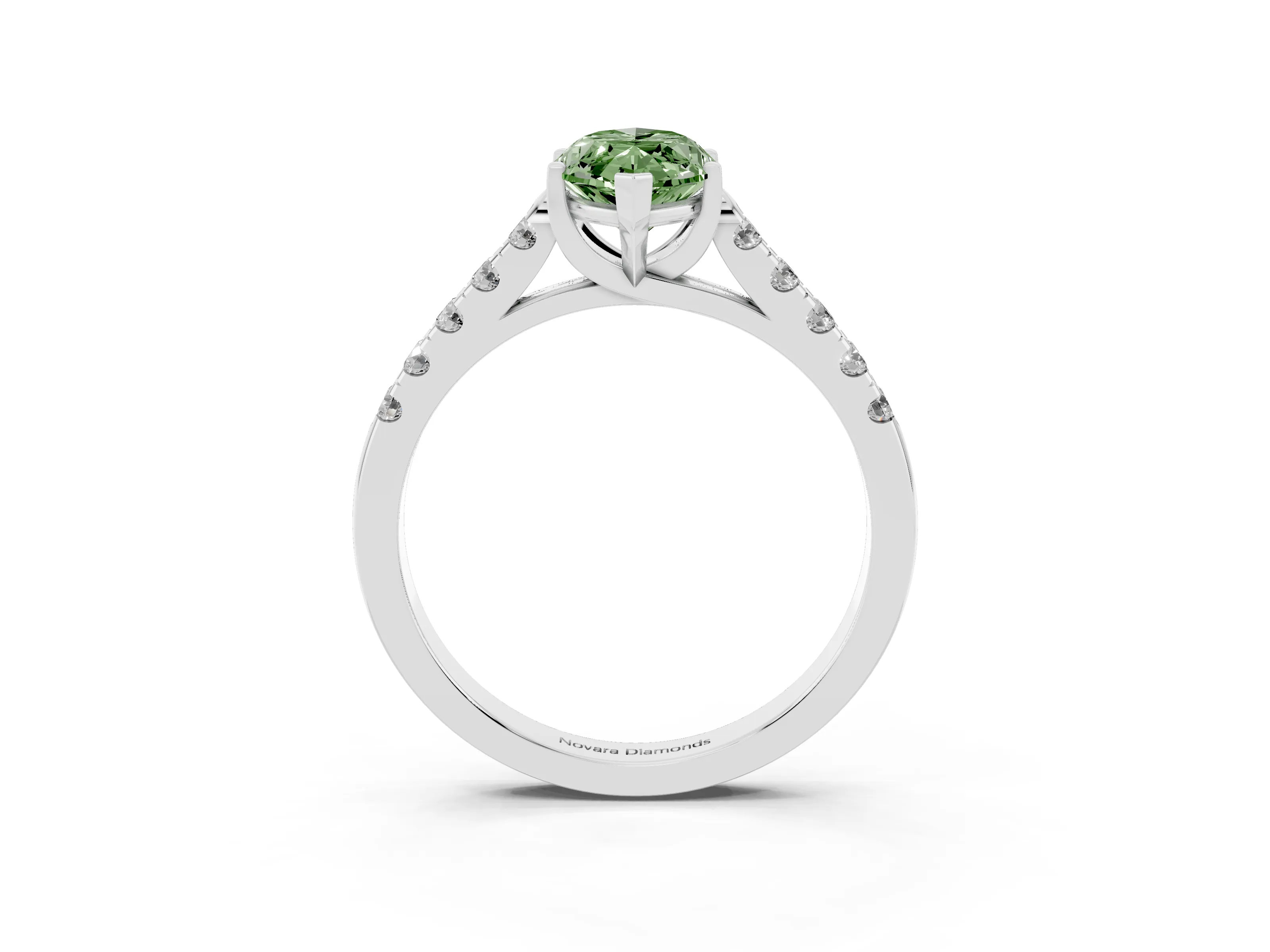 Fancy Green Marquise Cut Diamond Pavé Band Solitaire Ring Set in White gold with Partway Accent Stones and Prong Setting