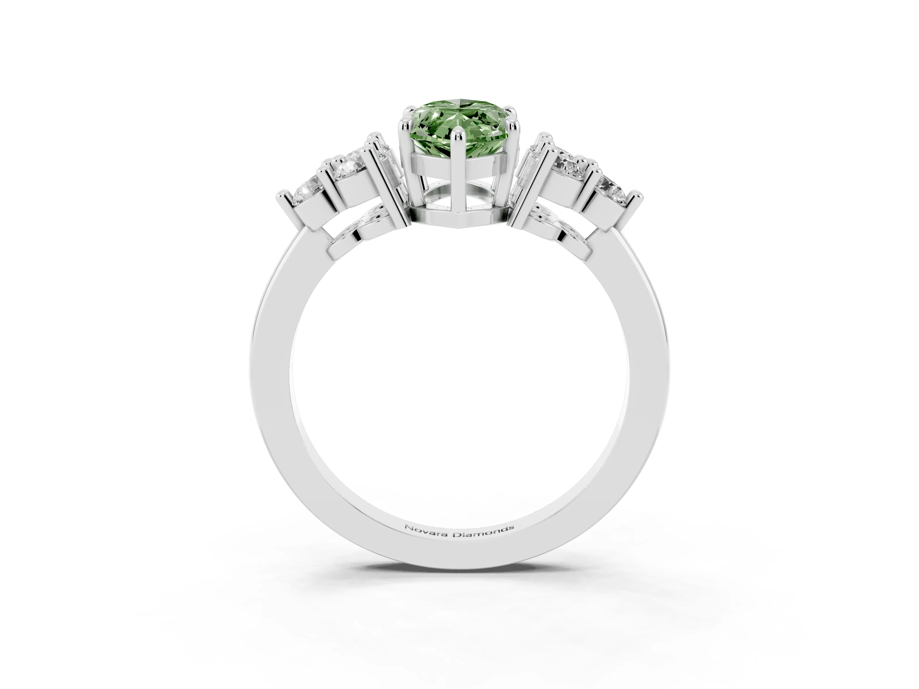 Fancy Green Marquise Cut Diamond Solitaire Ring Set in Silver with Cluster Accents on Each Side
