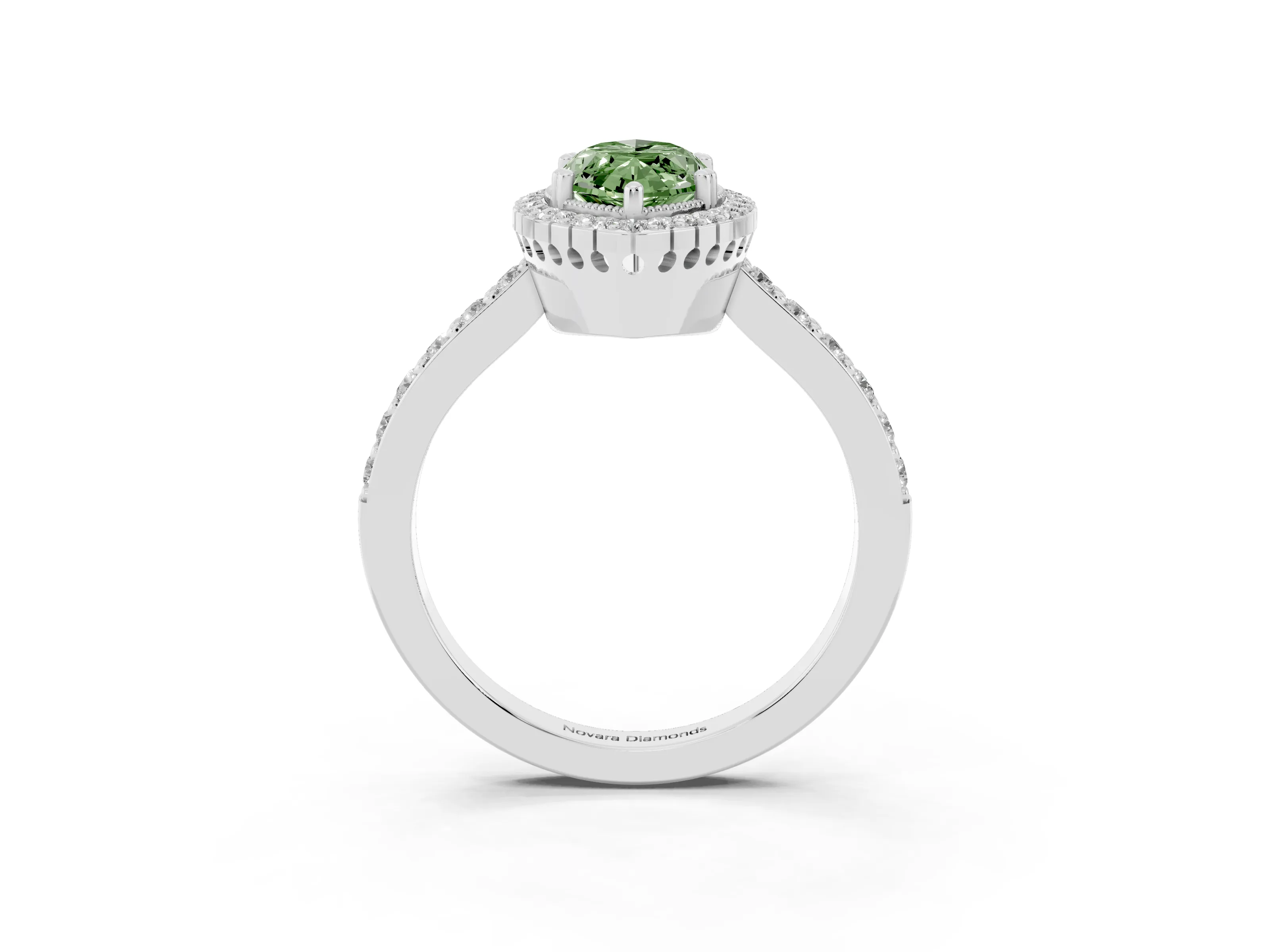 Fancy Green Marquise Cut Diamond Halo Engagement Ring Set in White gold with Milgrain Detail and Pavé Band