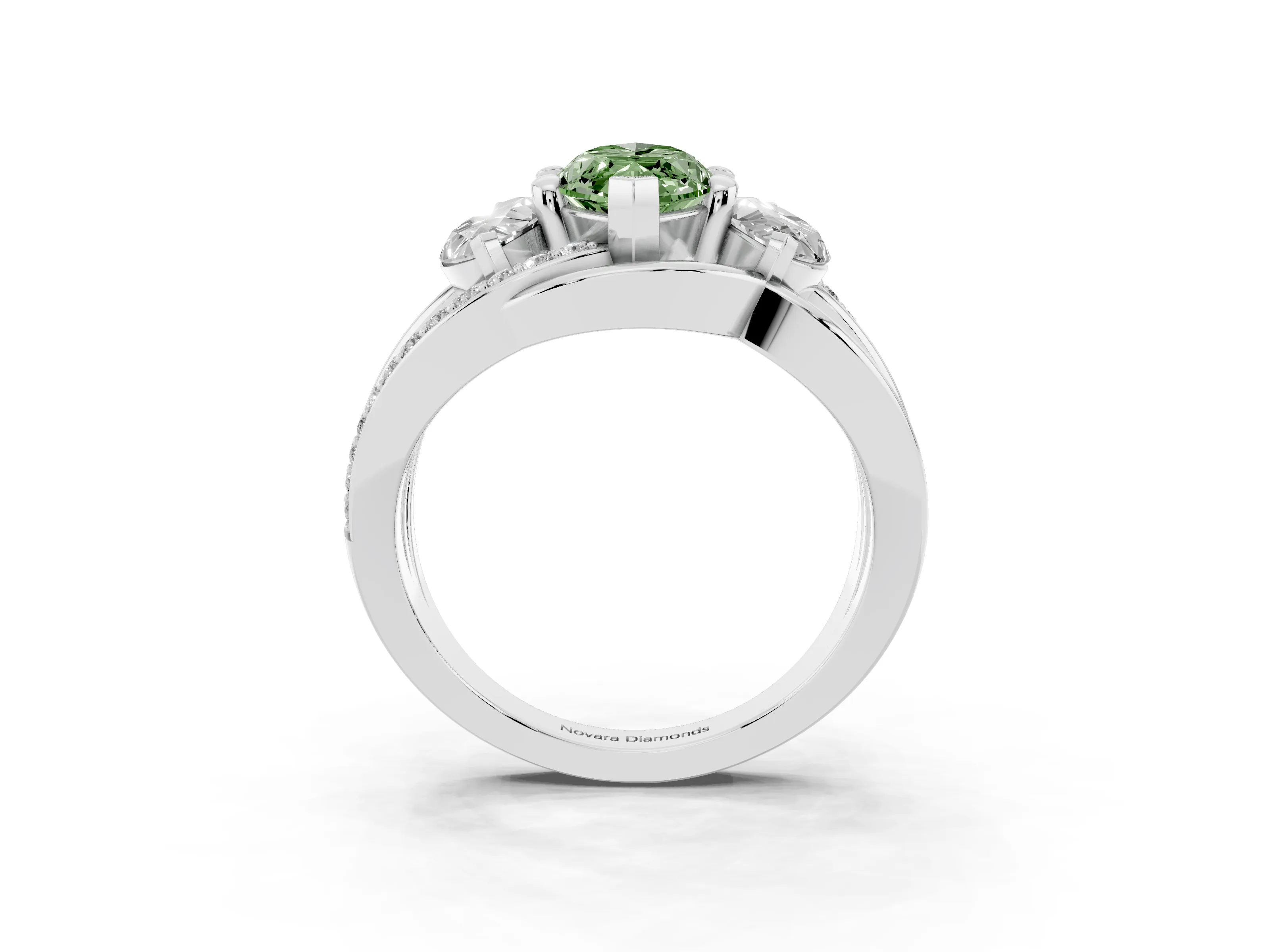 Fancy Green Marquise Cut Diamond Three-Stone Ring Set in Platinum with Split Shank and Prong Setting