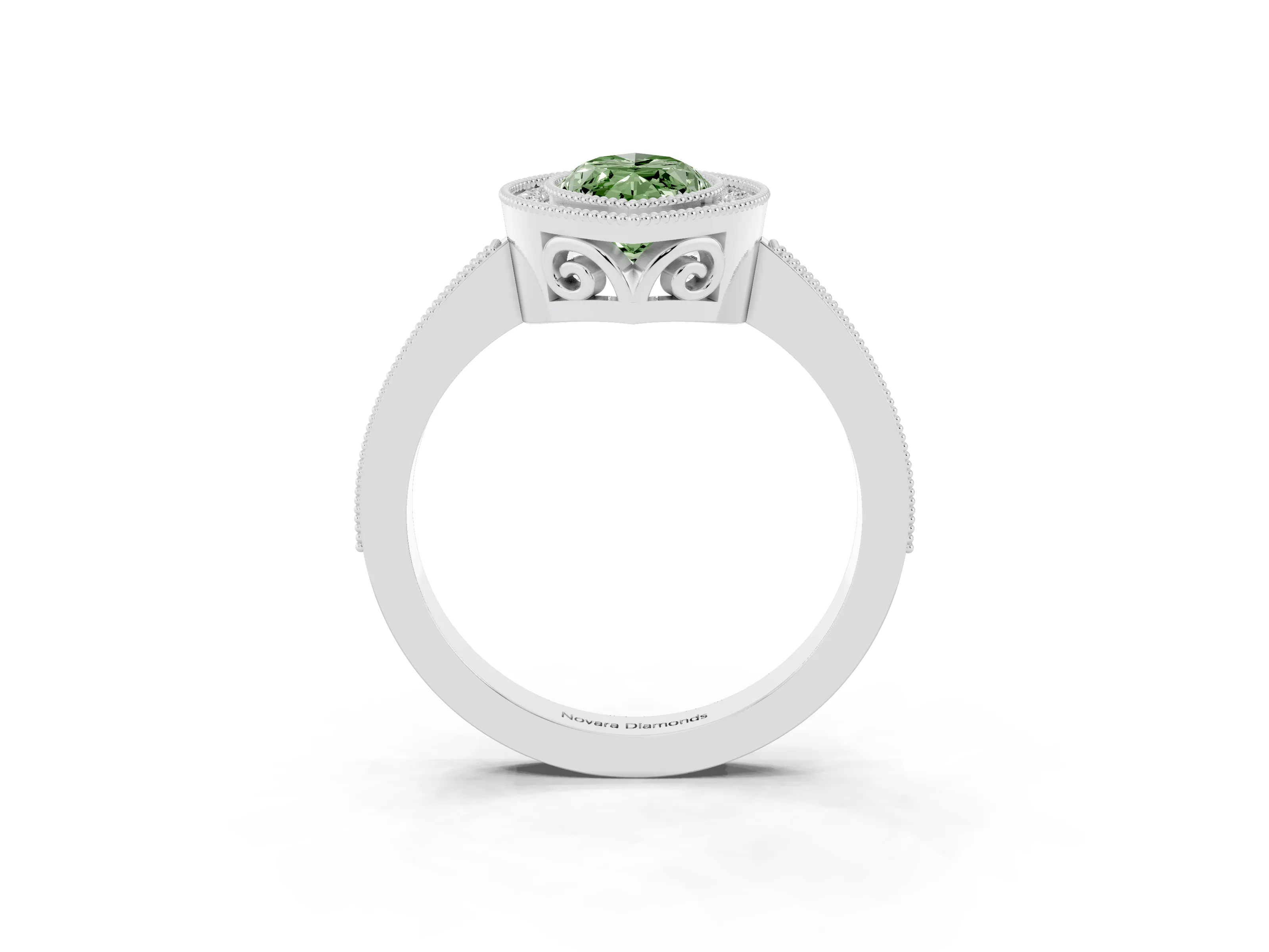 Fancy Green Marquise Cut Diamond Halo Ring Set in White gold with Pavé Band and Milgrain-Edged Prongs