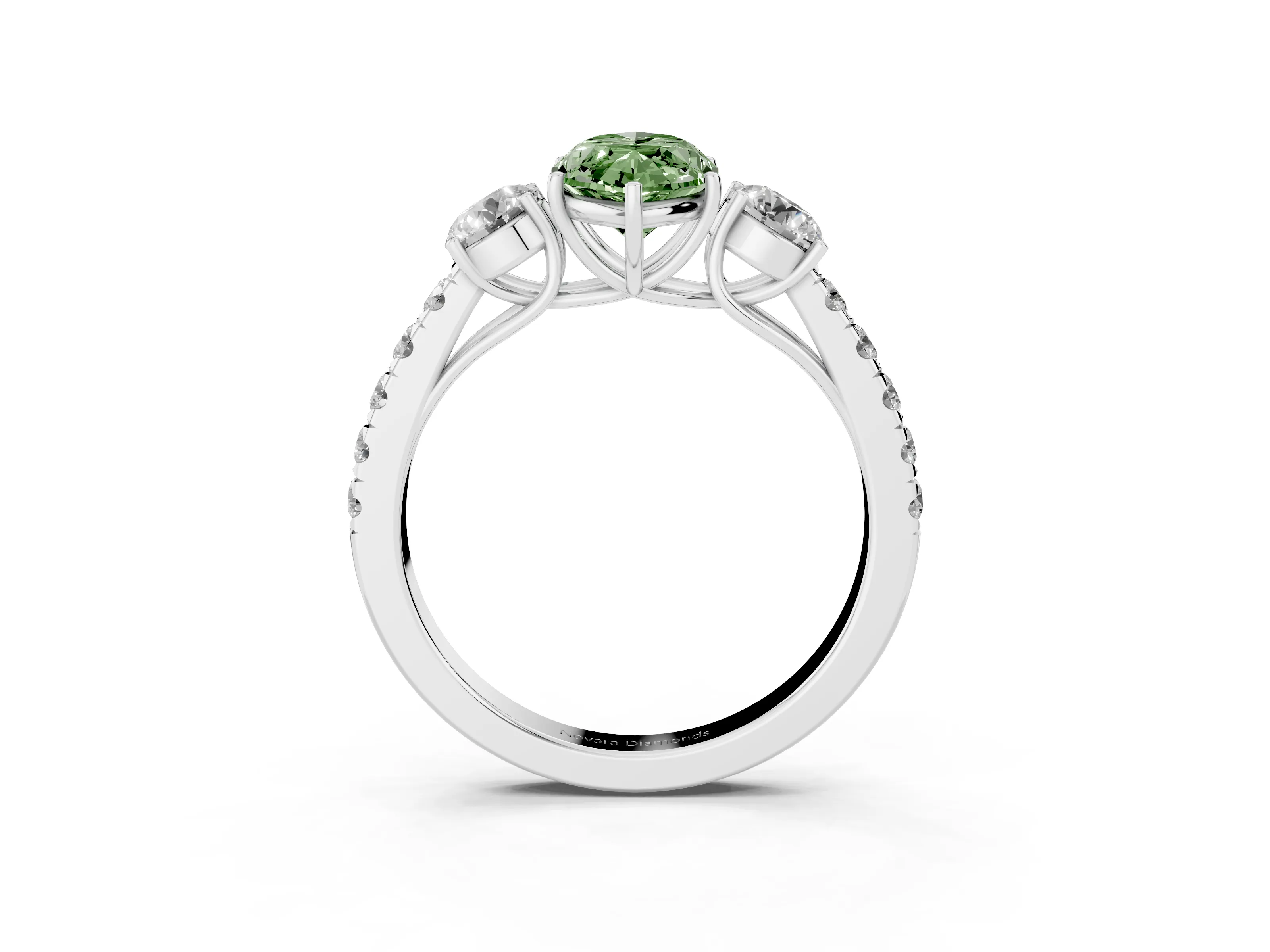 Fancy Green Marquise Cut Diamond Three-Stone Ring Set in Silver with Round Side Stones and Delicate Pavé Band
