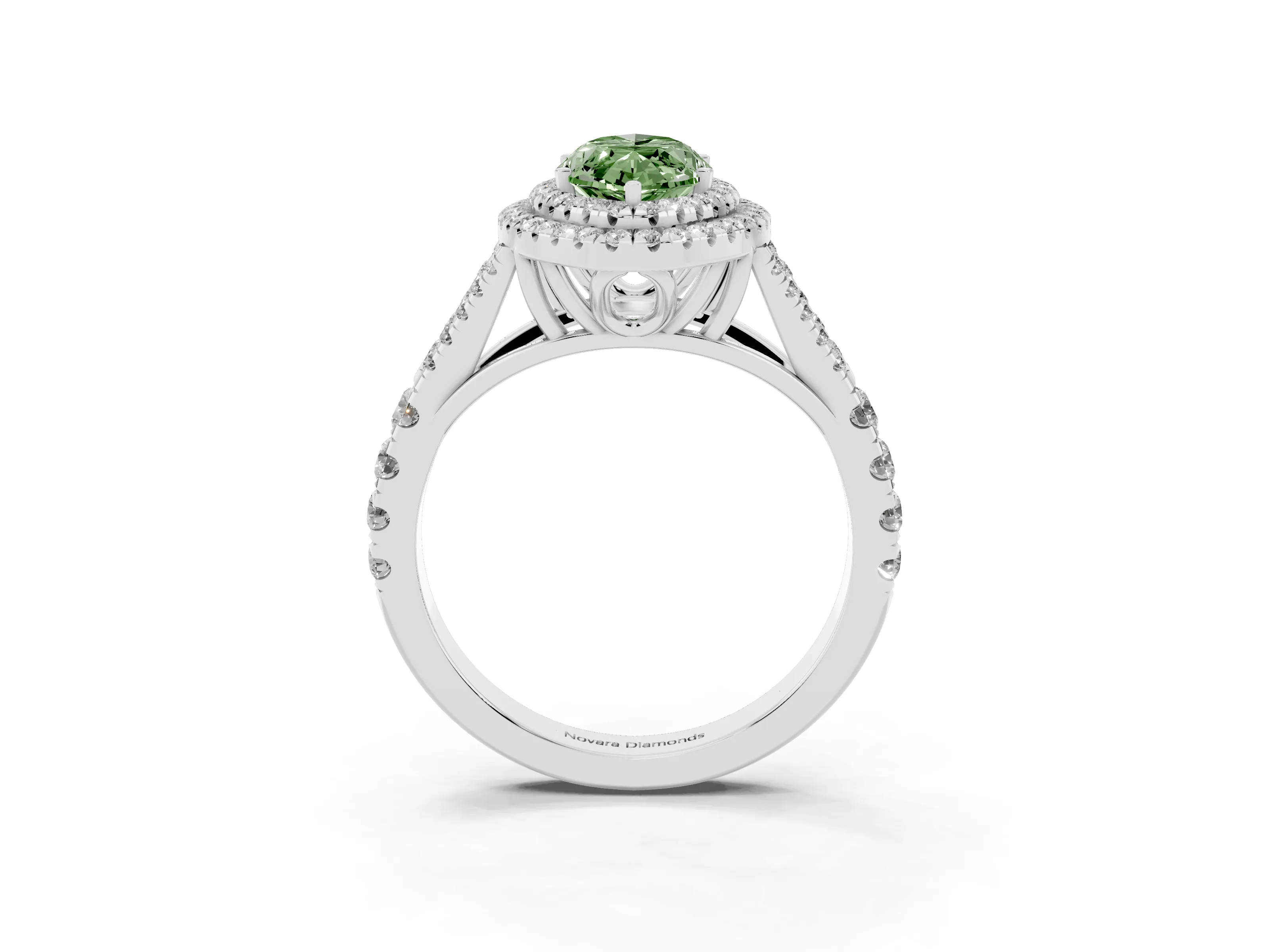 Fancy Green Marquise Cut Diamond Pavé Split Shank Double Halo Engagement Ring Set in Platinum