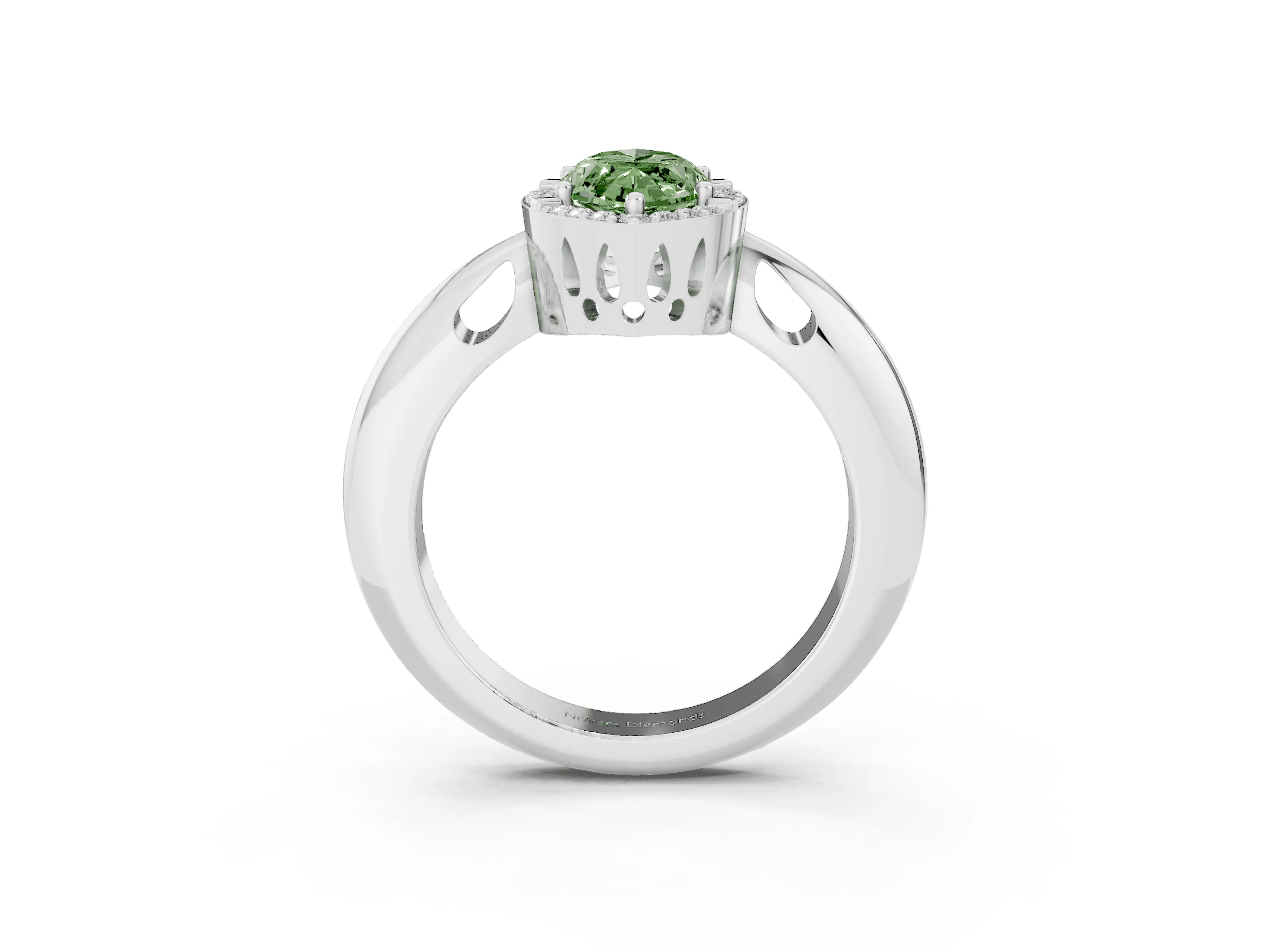 Fancy Green Marquise Cut Diamond Halo Engagement Ring Set in White gold with Plain Split Shank and Prong Setting