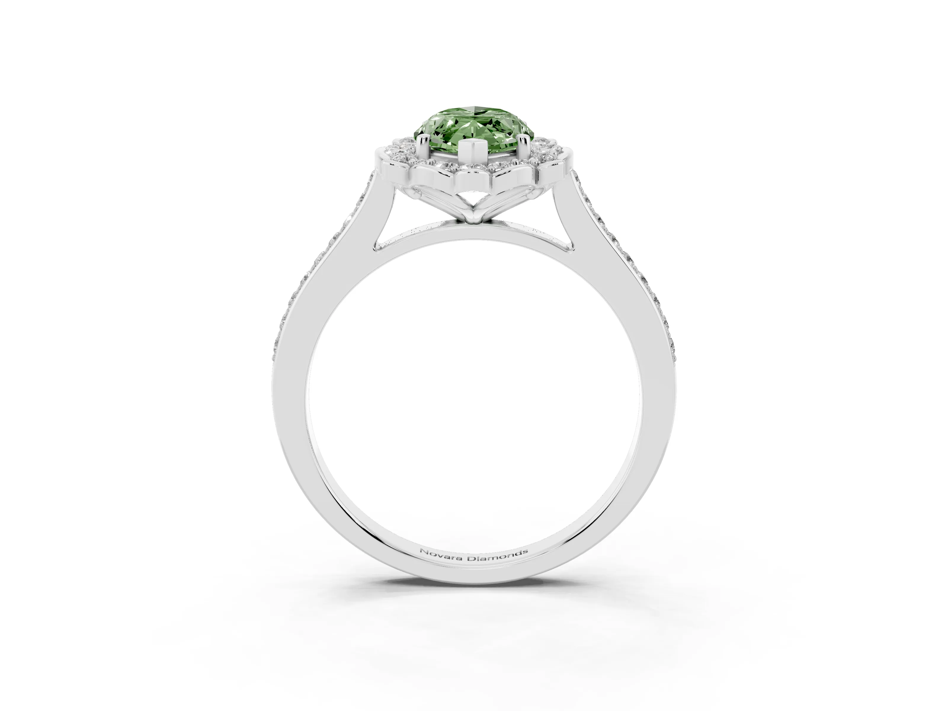 Fancy Green Marquise Cut Diamond Halo Ring Set in White gold with Pavé-Lined Shoulders and Prong Setting