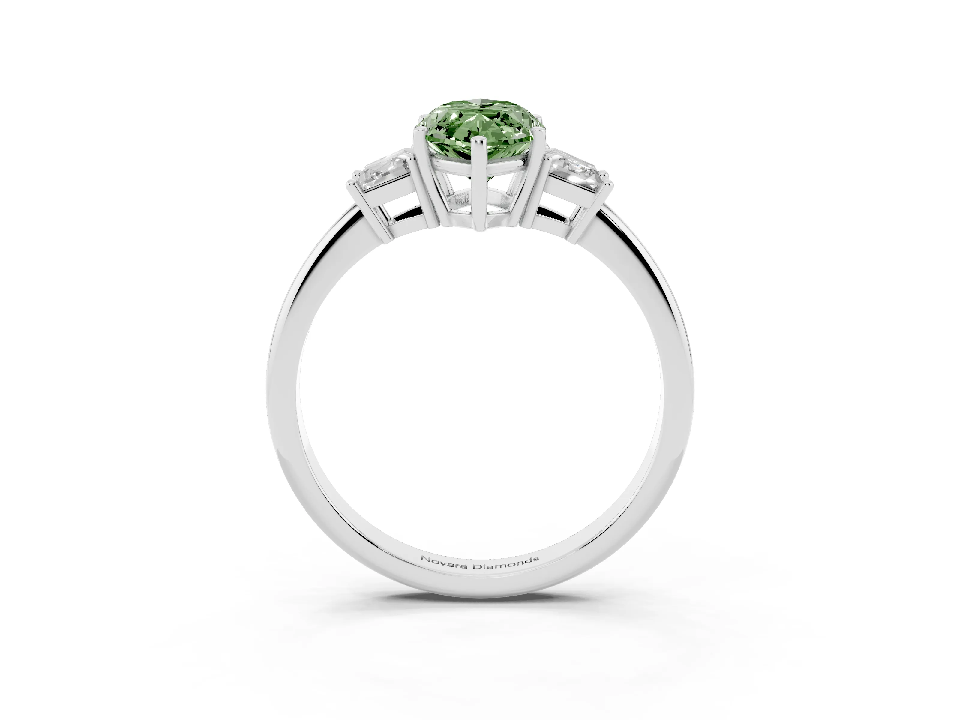 Fancy Green Marquise Cut Diamond Three-Stone Ring Set in Silver with Trapezoid Side Stones and Prong Setting