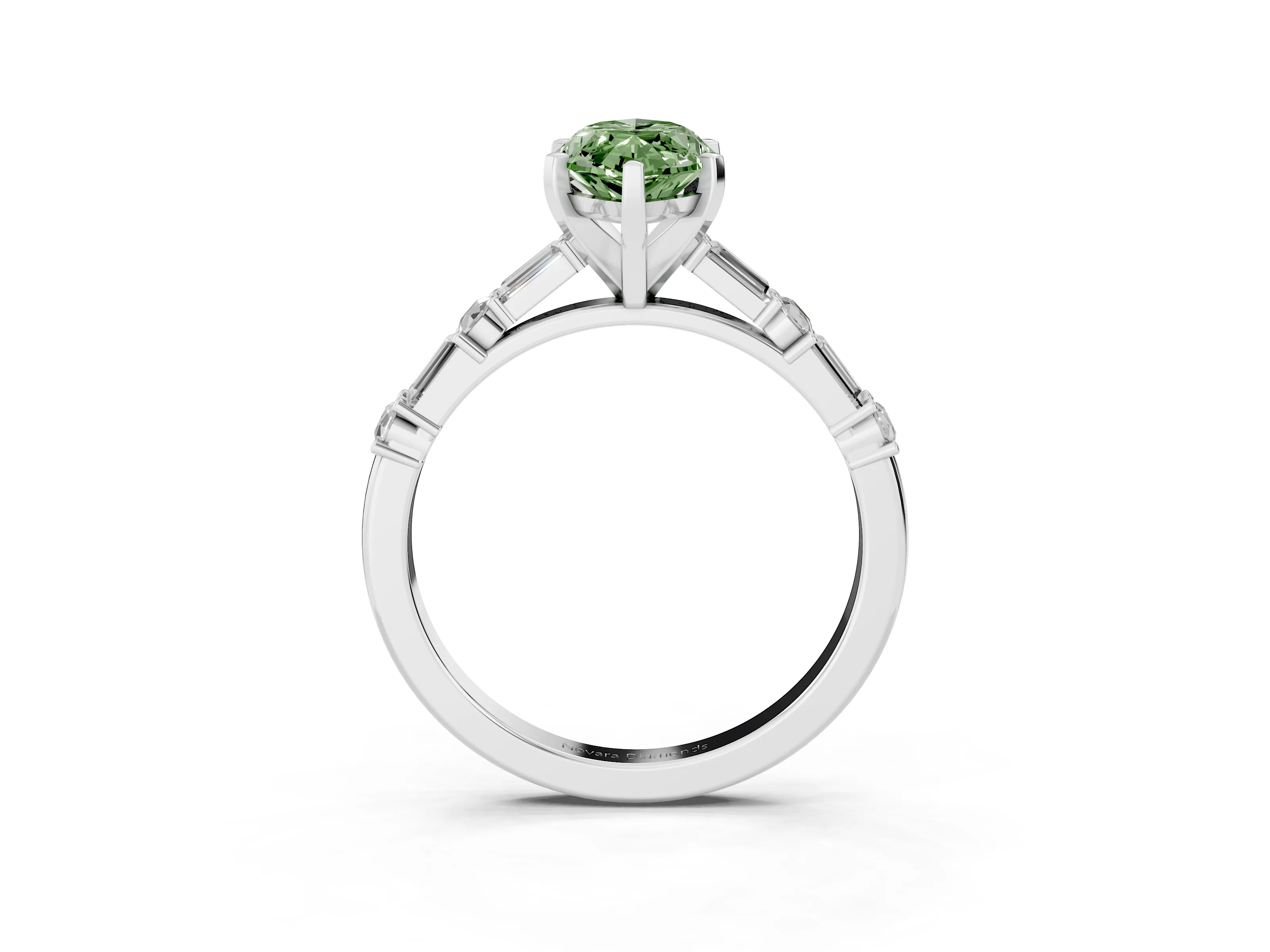 Fancy Green Marquise Cut Diamond Solitaire Set in Platinum with Side Baguettes and Channel Set Band