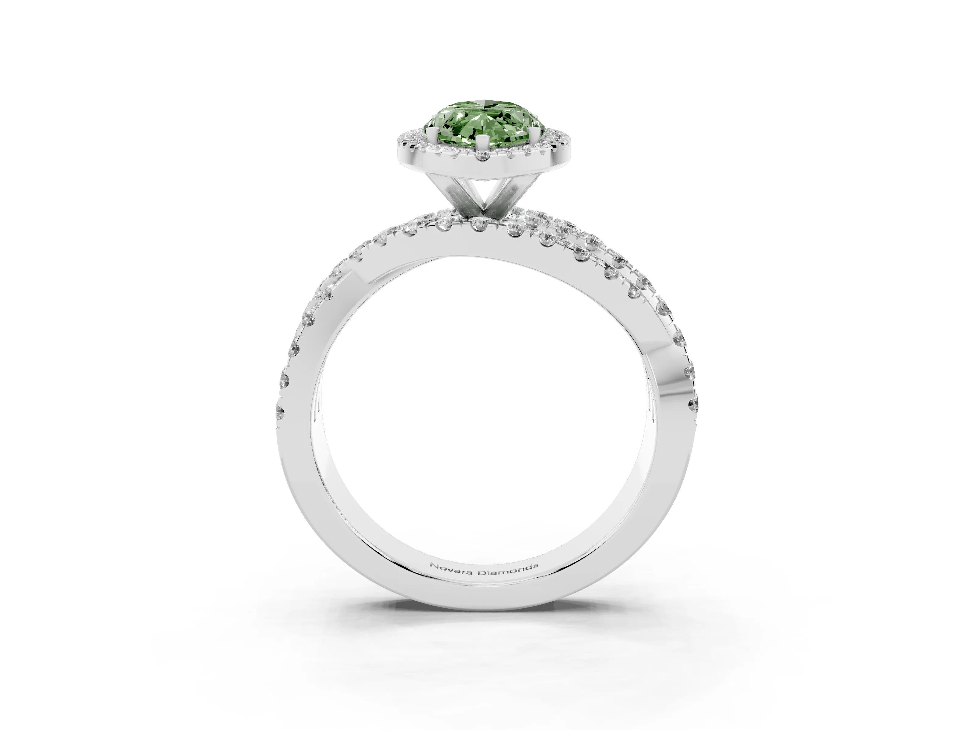 Fancy Green Marquise Cut Diamond Halo Ring Set in Platinum with Round Crossover Split Shank and Prong Setting