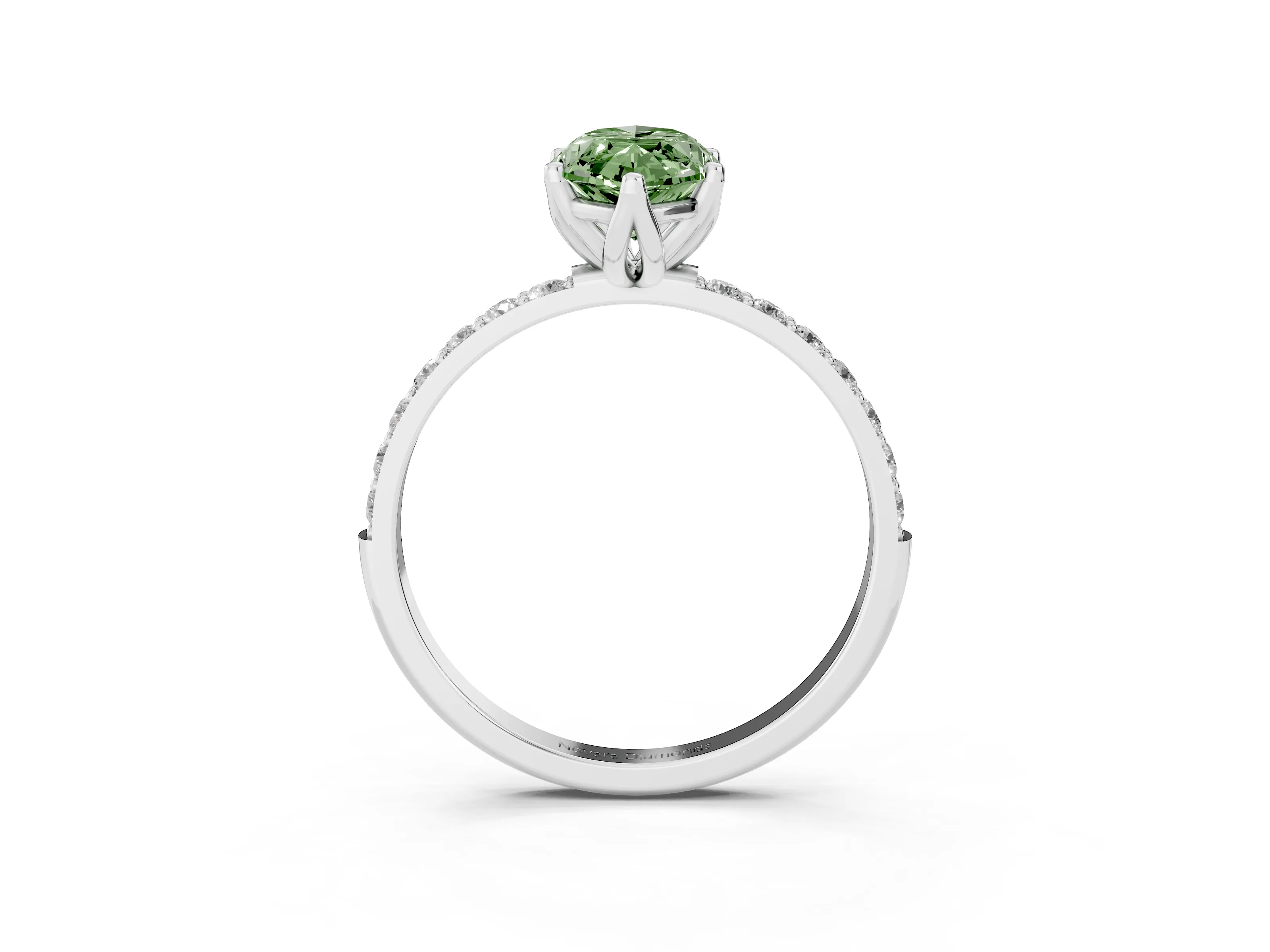 Fancy Green Marquise Cut Diamond Solitaire Engagement Ring Set in Silver with Round Pavé Band and Prong Setting