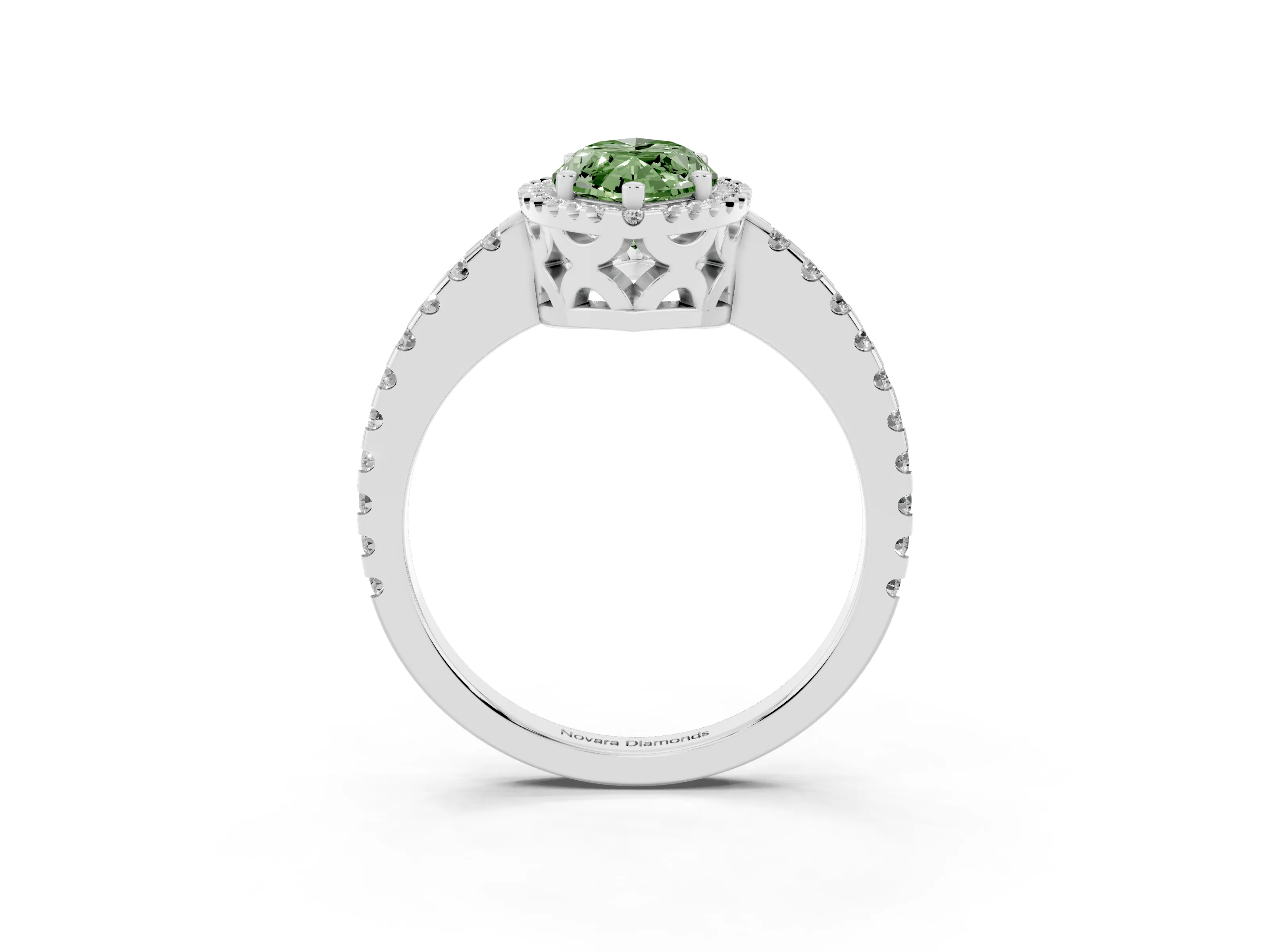 Fancy Green Marquise Cut Diamond Halo Ring Set in White gold with Pavé Shoulders and Halo-Framed Center