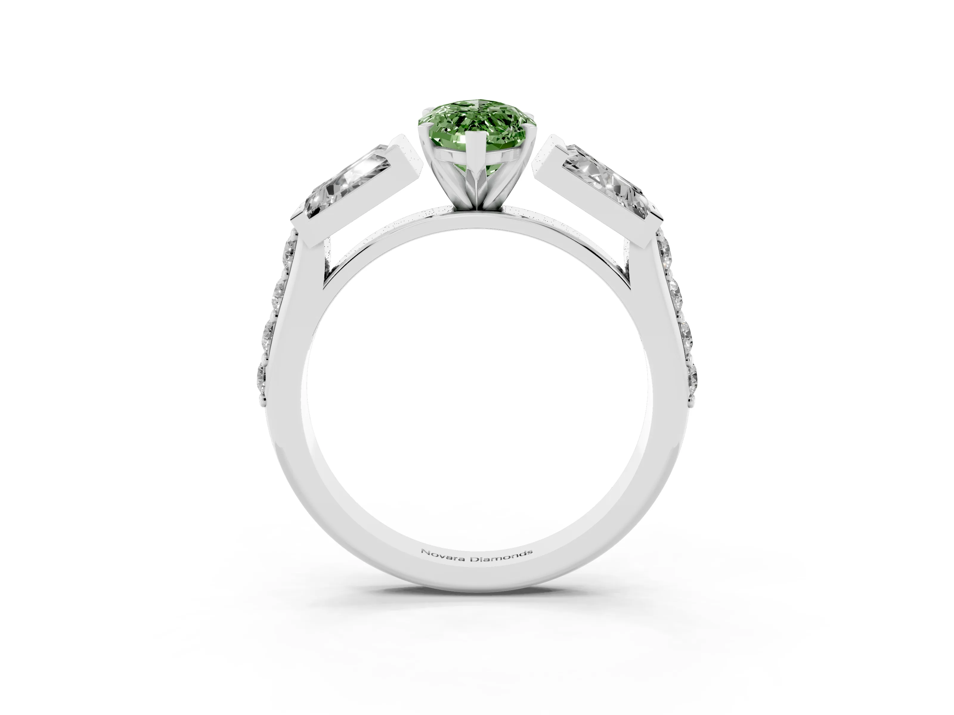 Fancy Green Marquise Cut Diamond Engagement Ring Set in White gold with Baguette Side Stones and Channel Set Band