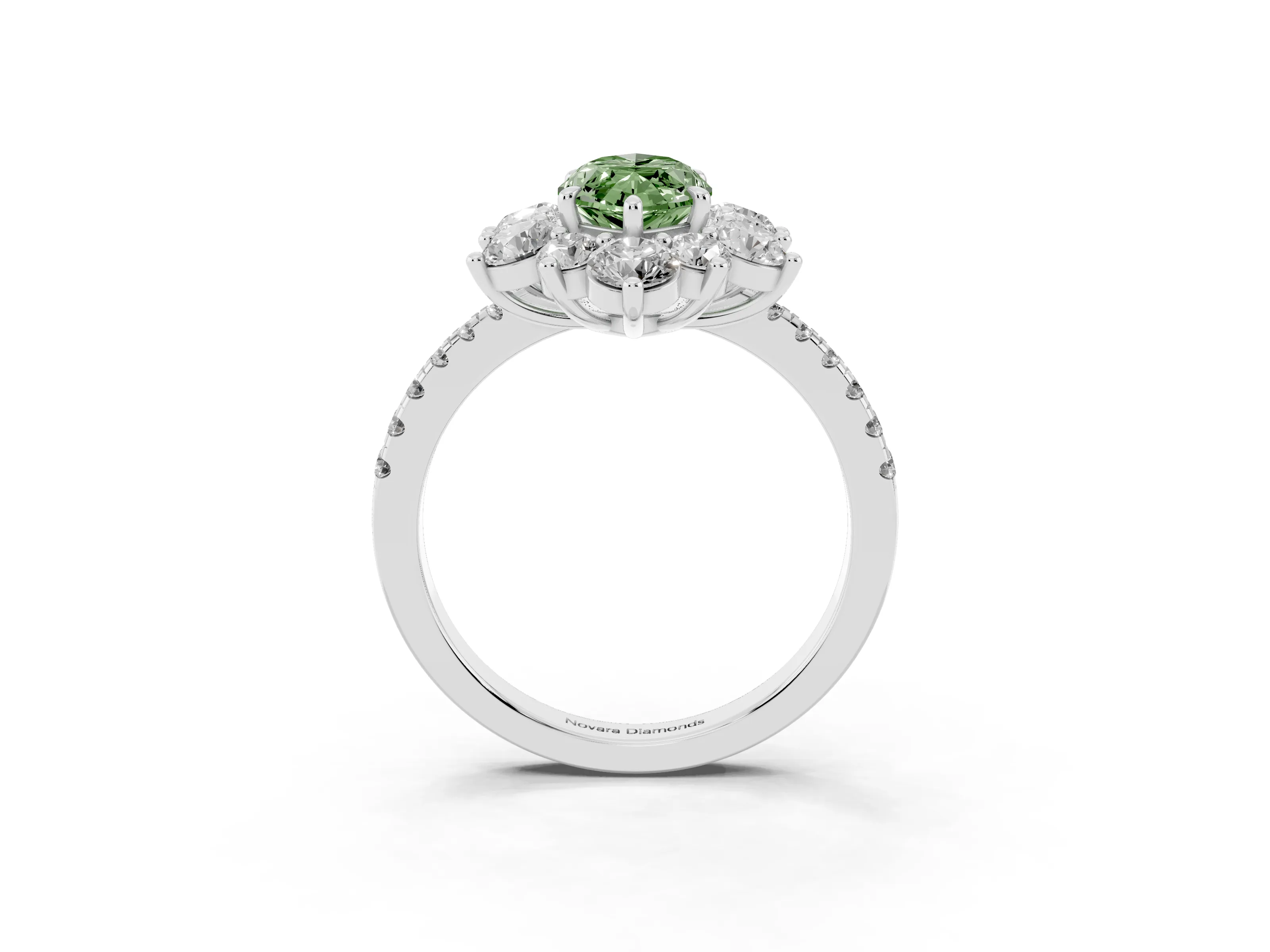 Fancy Green Marquise Cut Diamond Floral Halo Ring Set in White gold with Round Pavé Band and Prong Setting