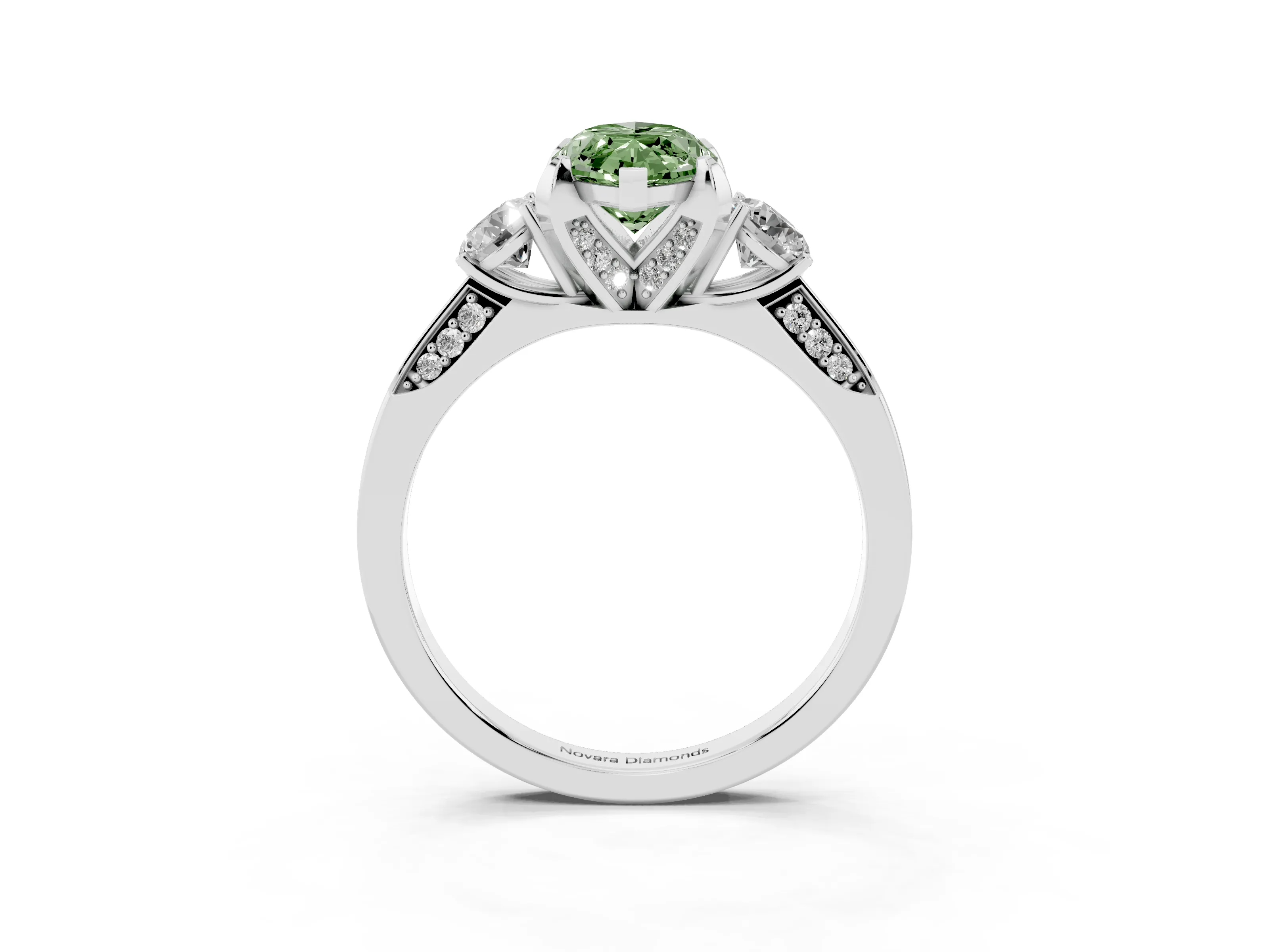 Fancy Green Marquise Cut Diamond Three-Stone Ring Set in Platinum with Pavé Band and Smaller Side Stones