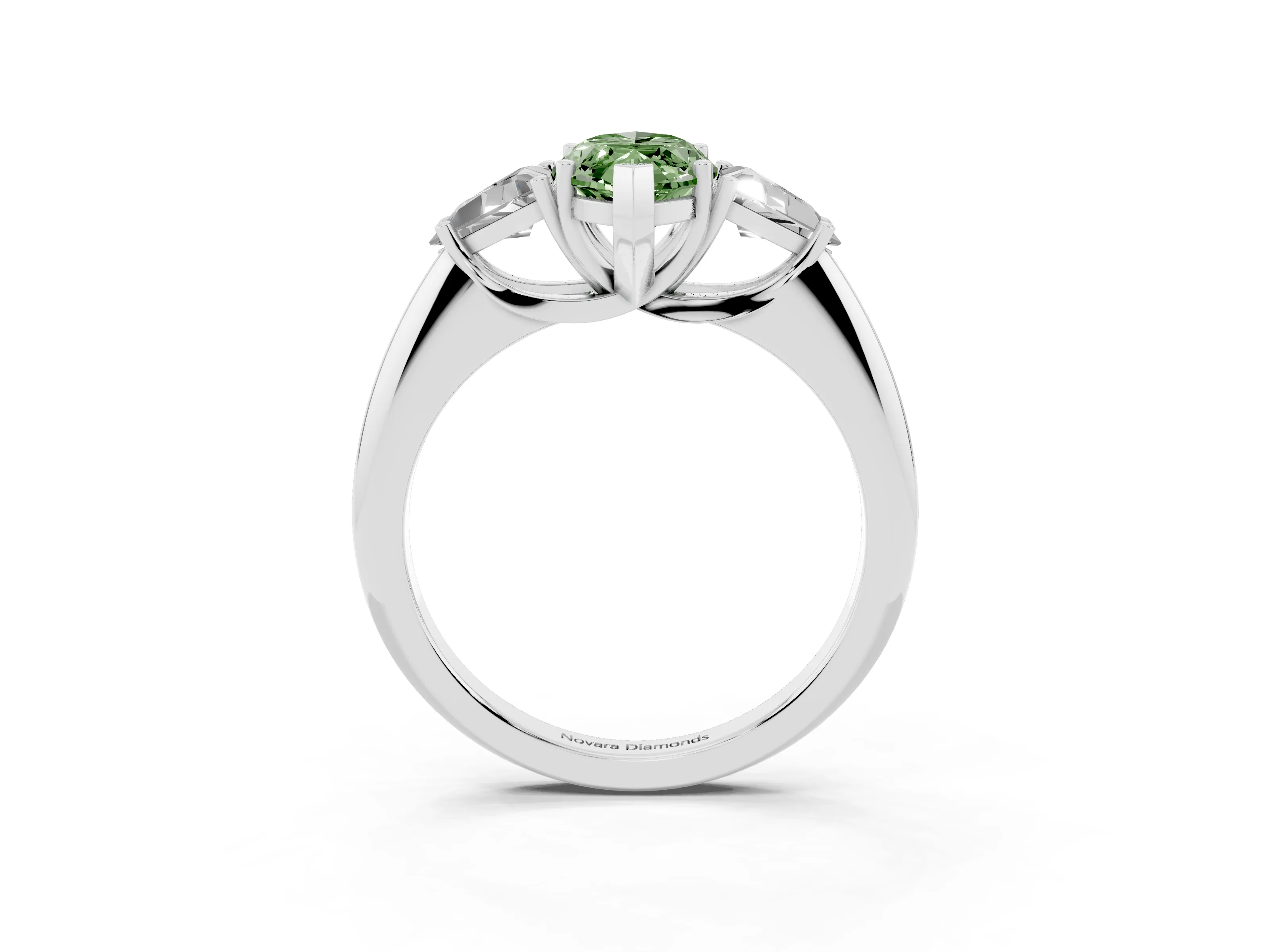 Fancy Green Marquise Cut Diamond Three-Stone Engagement Ring Set in Silver with Trillion Side Stones