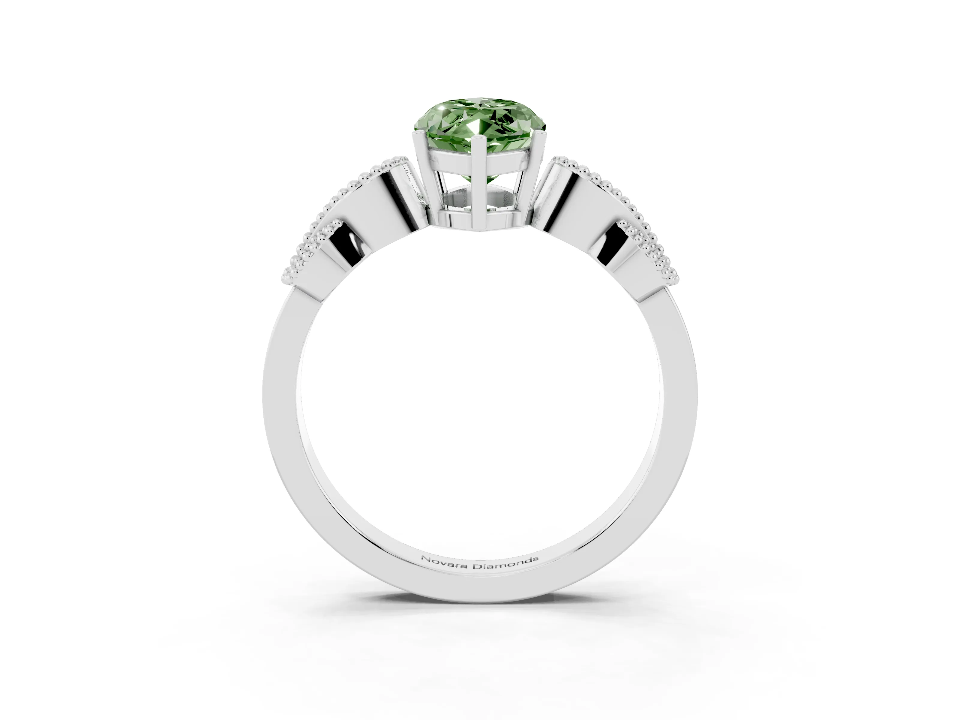 Fancy Green Marquise Cut Diamond Milgrain Leaf Band Solitaire Ring Set in Silver with Accent Stones and Prong Setting