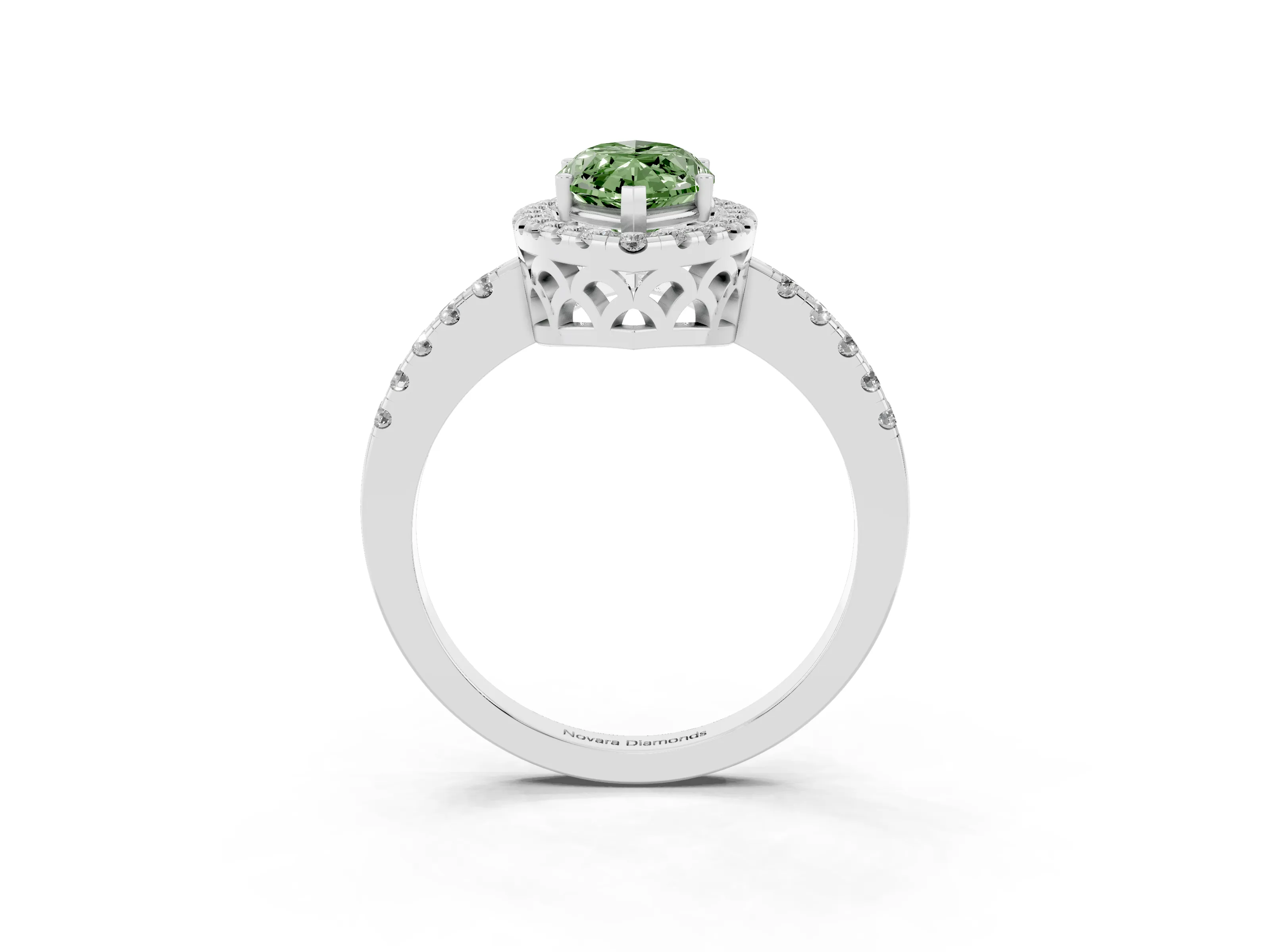 Fancy Green Marquise Cut Diamond Pavé Band Halo Engagement Ring Set in White gold with Prong Setting