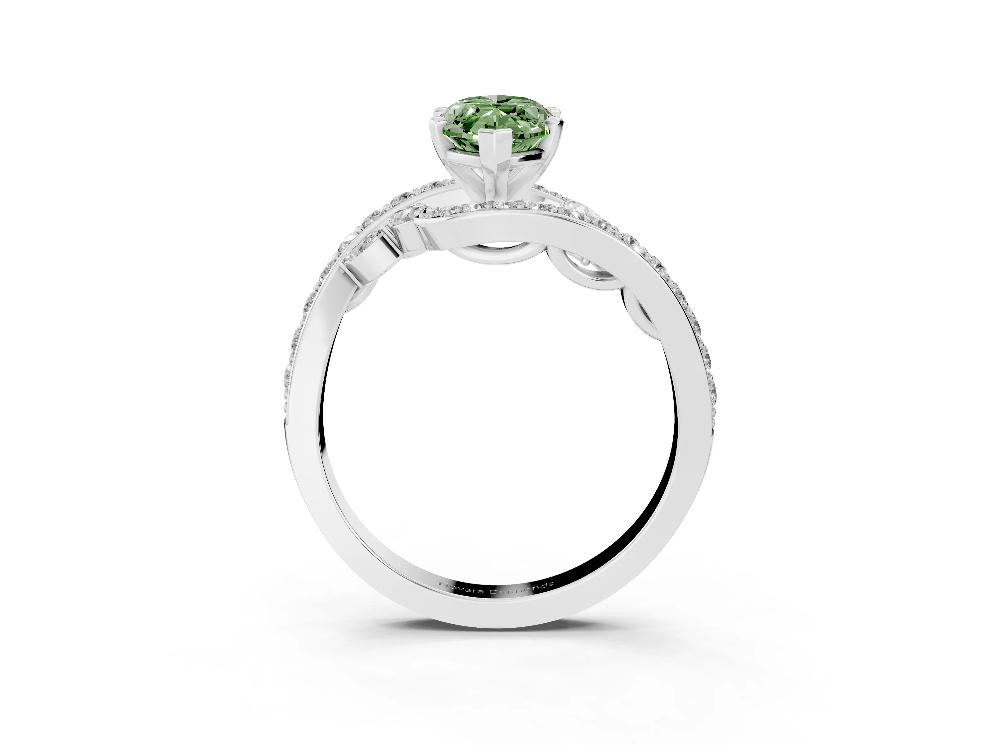 Fancy Green Marquise Cut Diamond Solitaire Ring Set in Silver with Pavé Twist Band and Secure Prong Setting