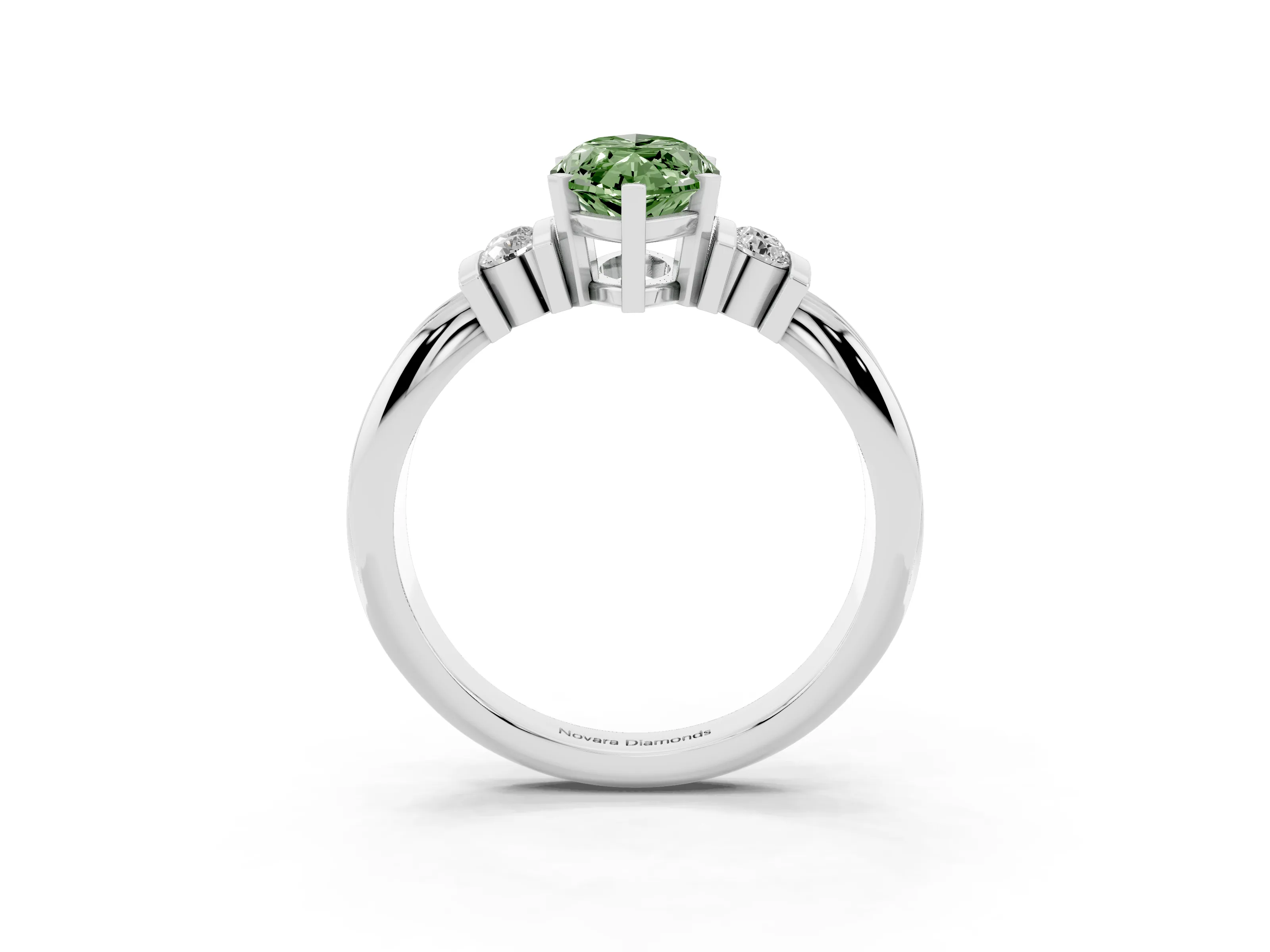 Fancy Green Three-Stone Marquise Cut Diamond Channel Set Ring Set in White gold with Bar Prongs