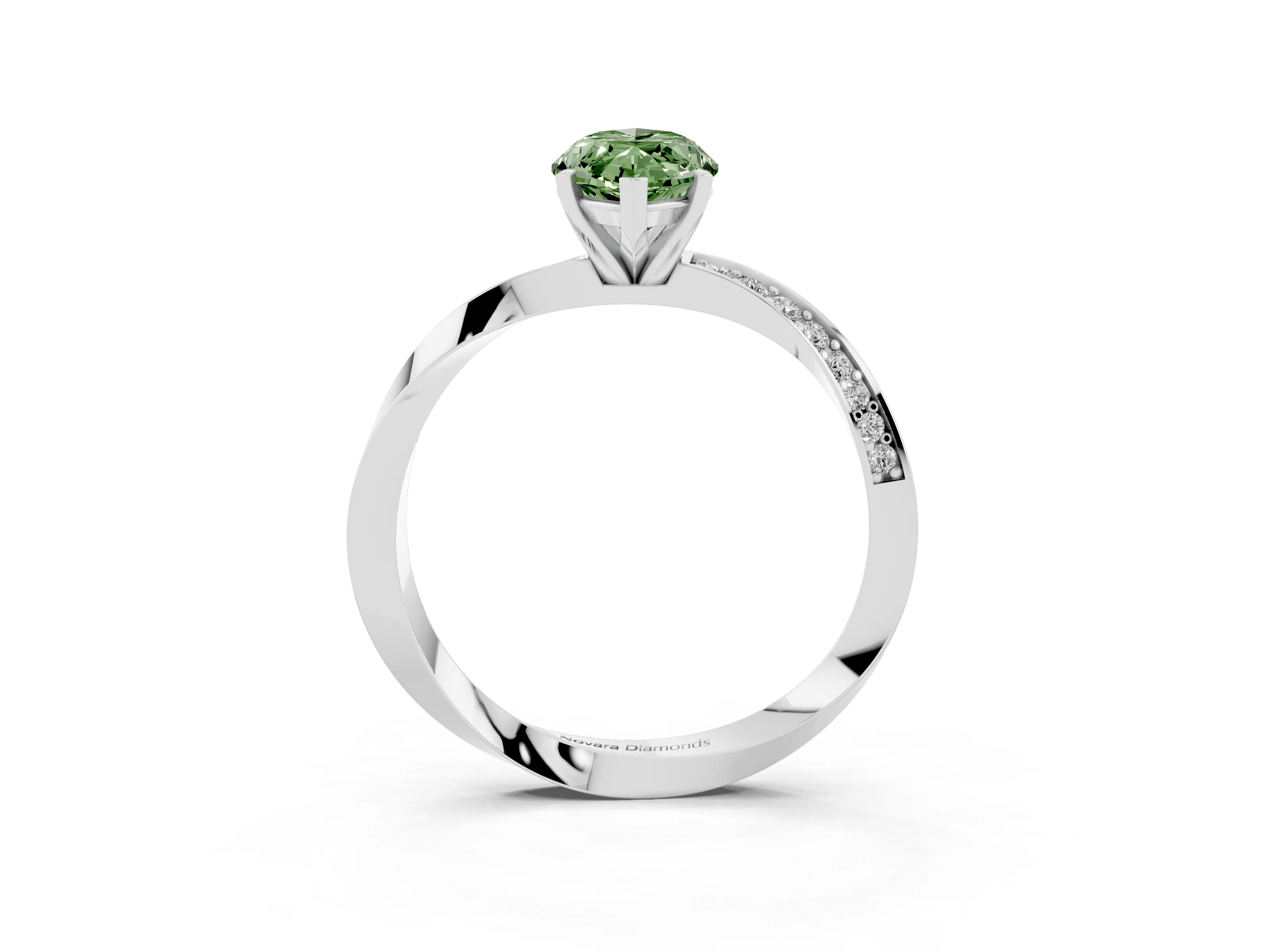 Fancy Green Marquise Cut Diamond Engagement Ring Set in White gold with Side Stone Accents and Prong Setting