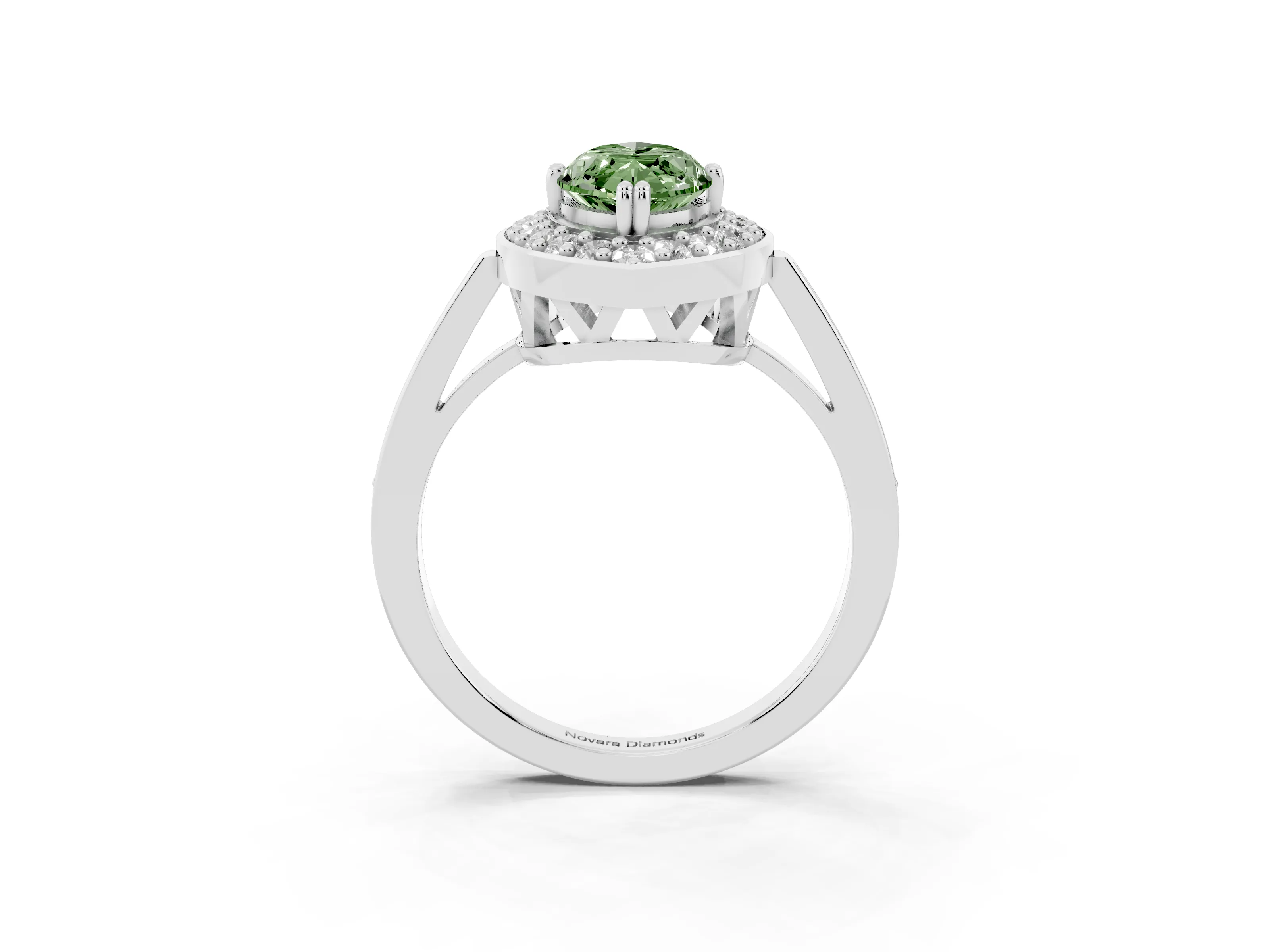 Fancy Green Marquise Cut Diamond Halo Ring Set in White gold with Accent-Lined Split Shank and Prong Setting