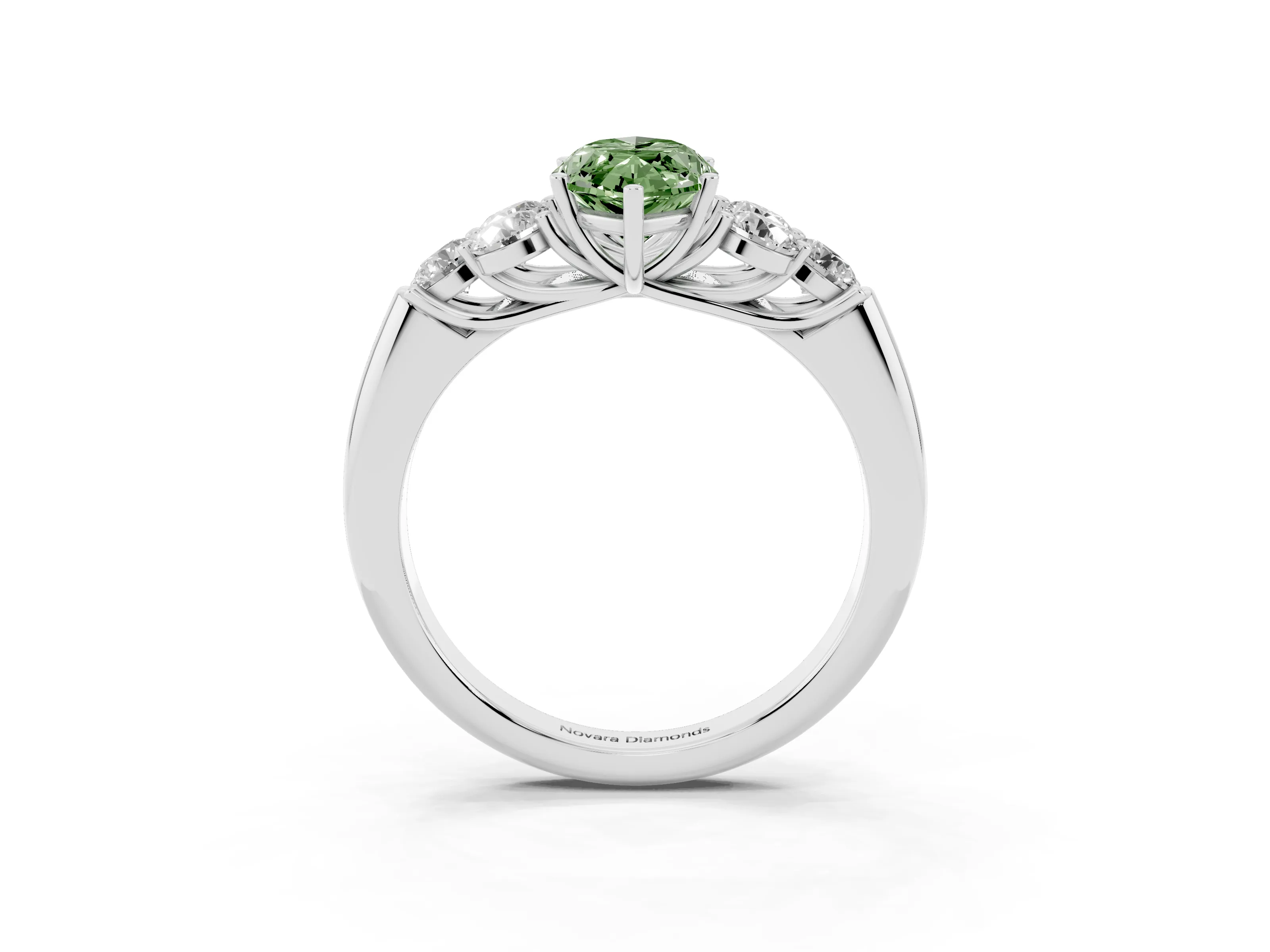 Fancy Green Marquise Cut Diamond Cluster Ring Set in Platinum with Round Accent Stones and Prong Setting on a Plain Band