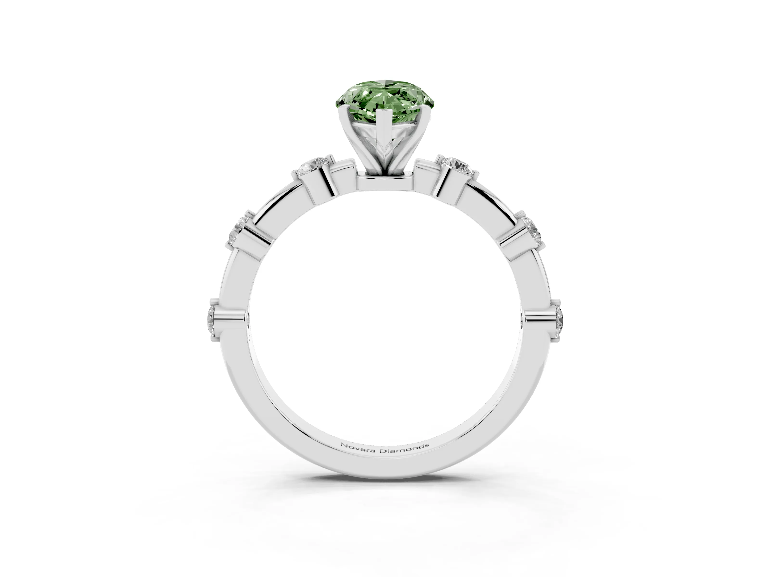 Fancy Green Marquise Cut Diamond Solitaire Ring Set in White gold with Bezel Set Side Stones and Prong Setting