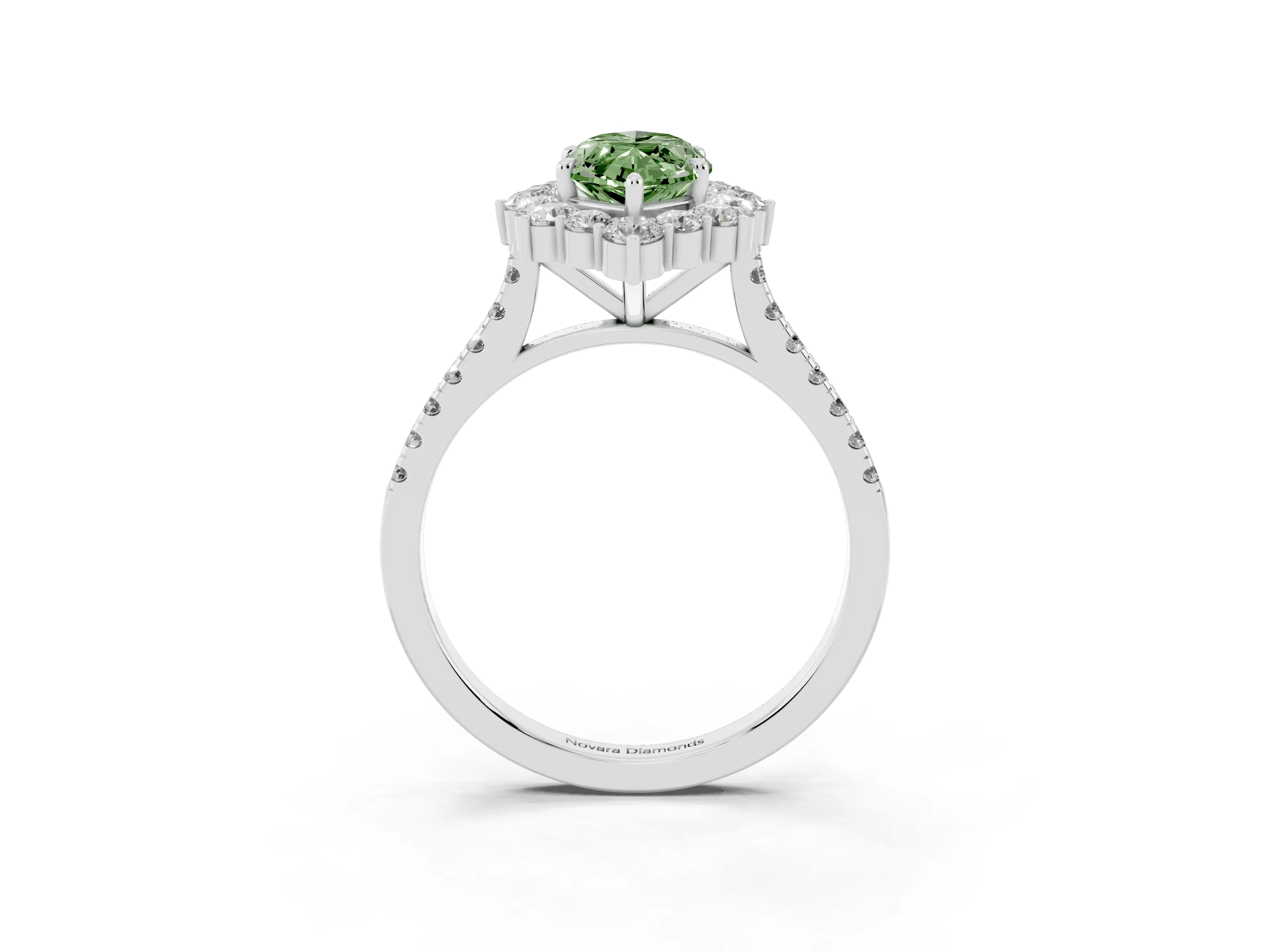 Fancy Green Marquise Cut Diamond Halo Ring Set in White gold with Pavé Band and Prong Setting