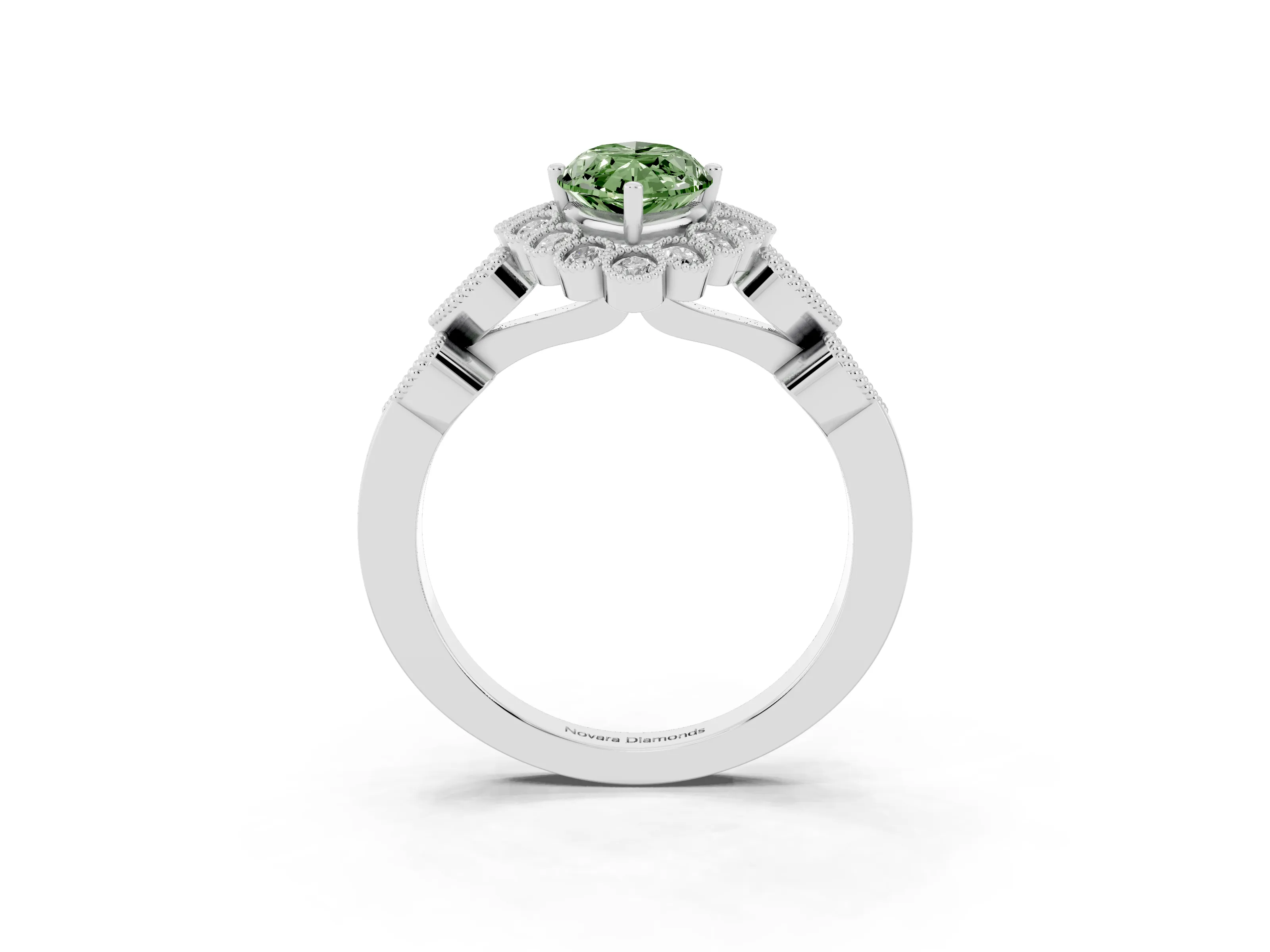Fancy Green Marquise Cut Diamond Solitaire Ring Set in Platinum with Milgrain Pavé Heart Band