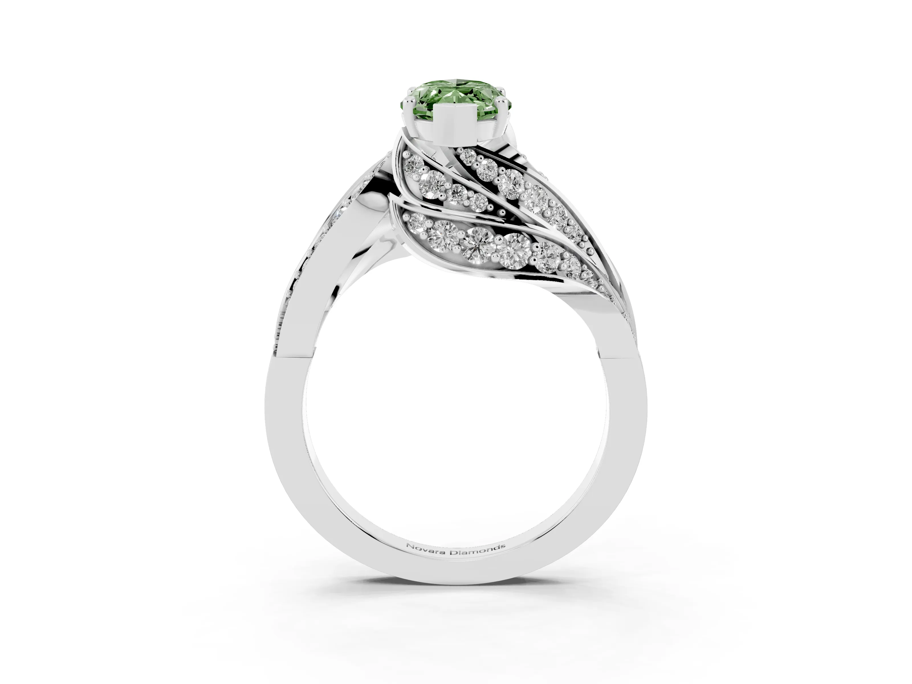 Fancy Green Marquise Cut Diamond Solitaire Ring Set in Platinum with Layered Twist Pavé Band