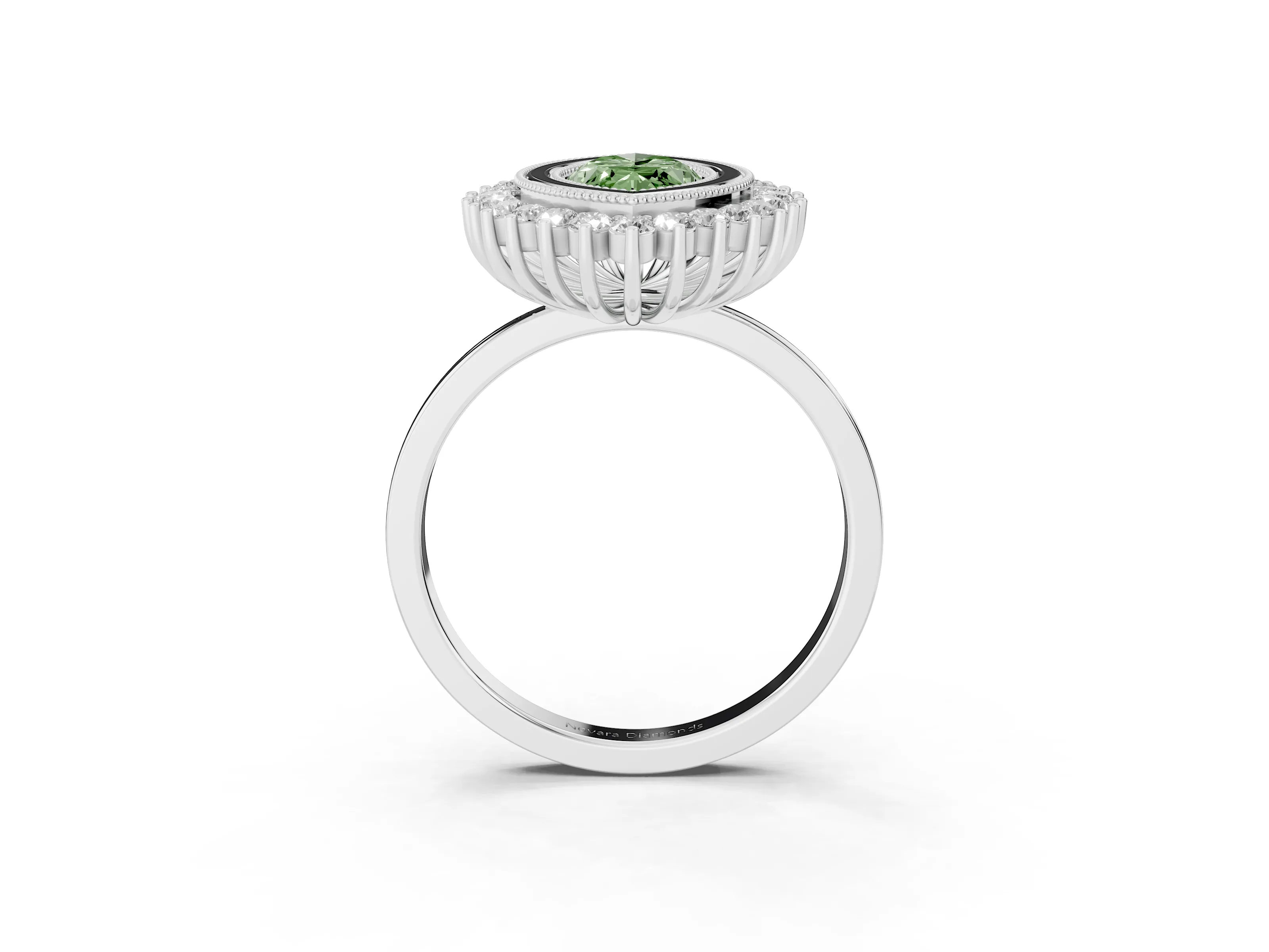 Fancy Green Marquise Cut Diamond Halo Ring Set in Platinum with Milgrain Edge and Round Prong Setting