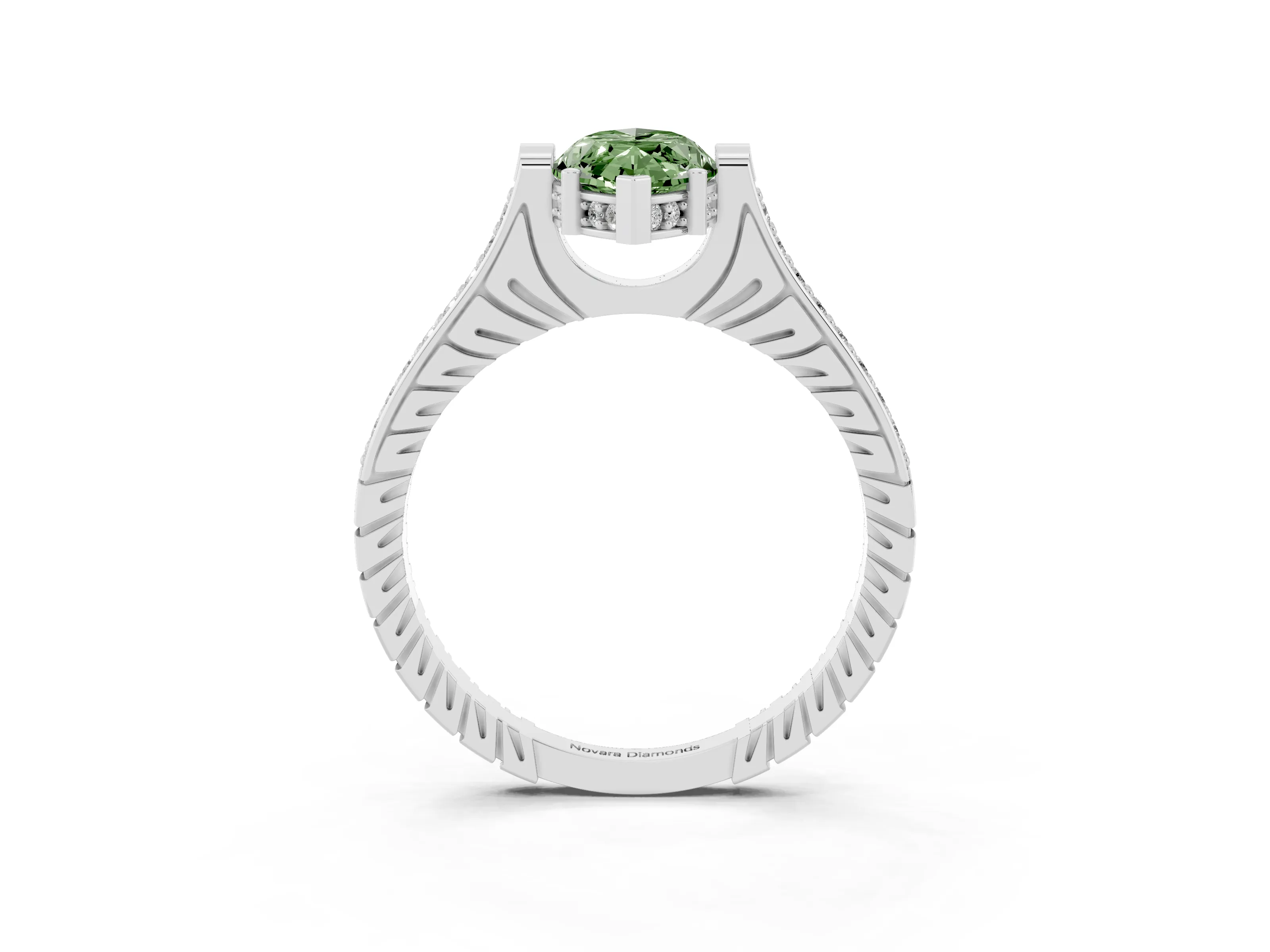 Fancy Green Marquise Cut Diamond Solitaire Ring Set in Silver with Channel Set Band and Bezel Prong Setting