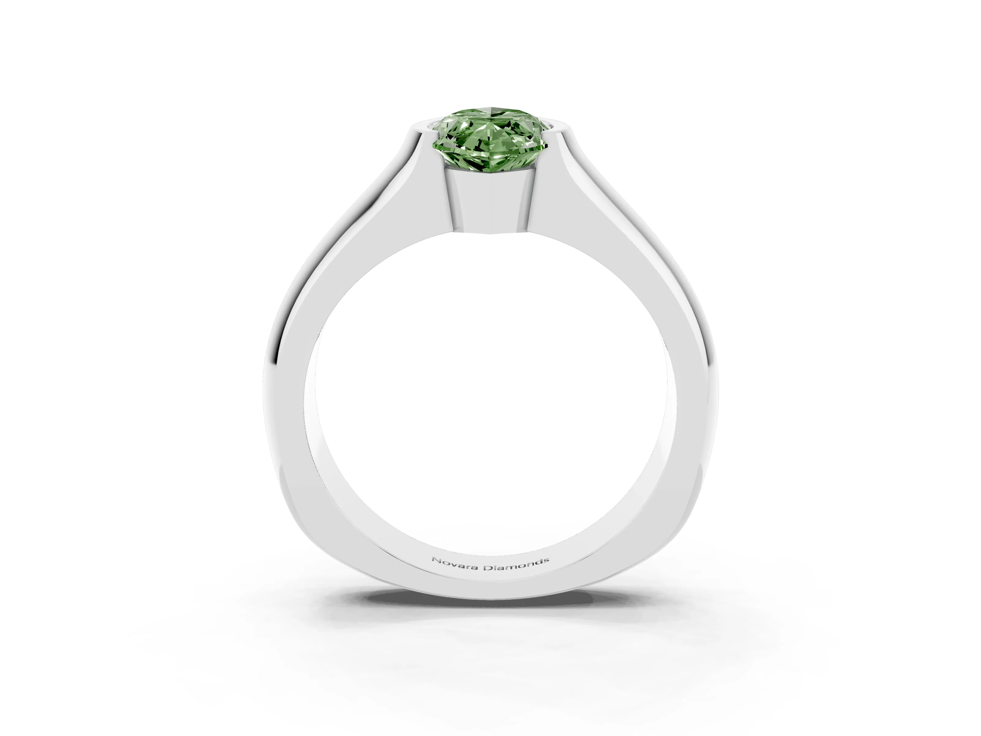 Fancy Green Marquise Cut Diamond Bezel Solitaire Ring Set in White gold with Wide Band