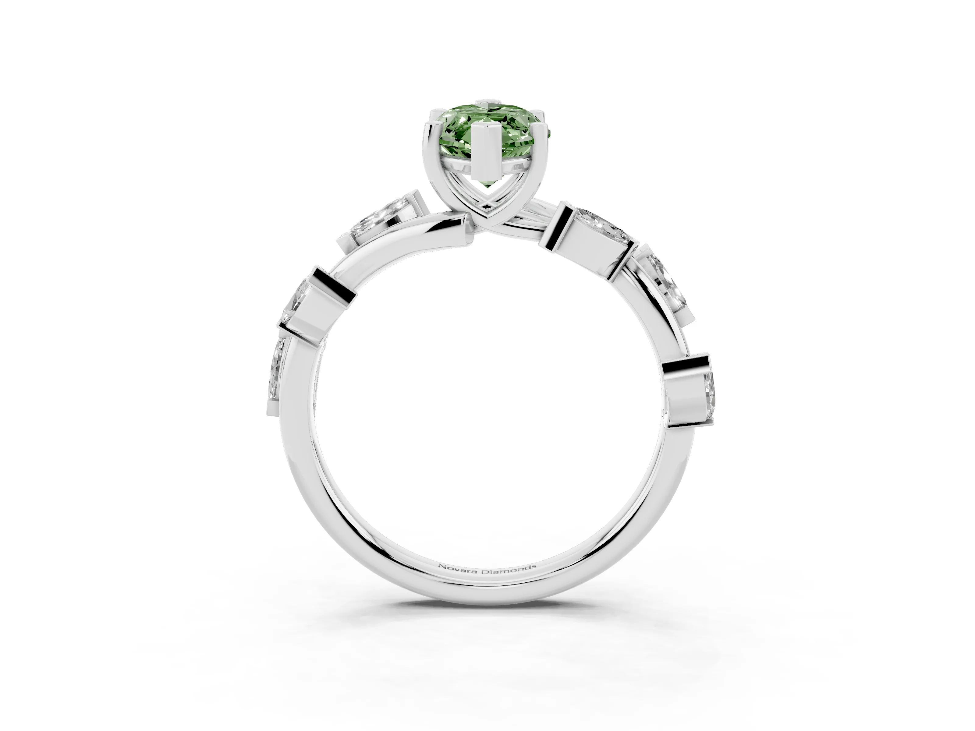 Fancy Green Marquise Cut Diamond Solitaire Ring Set in White gold with Twisted Marquise Accent Band