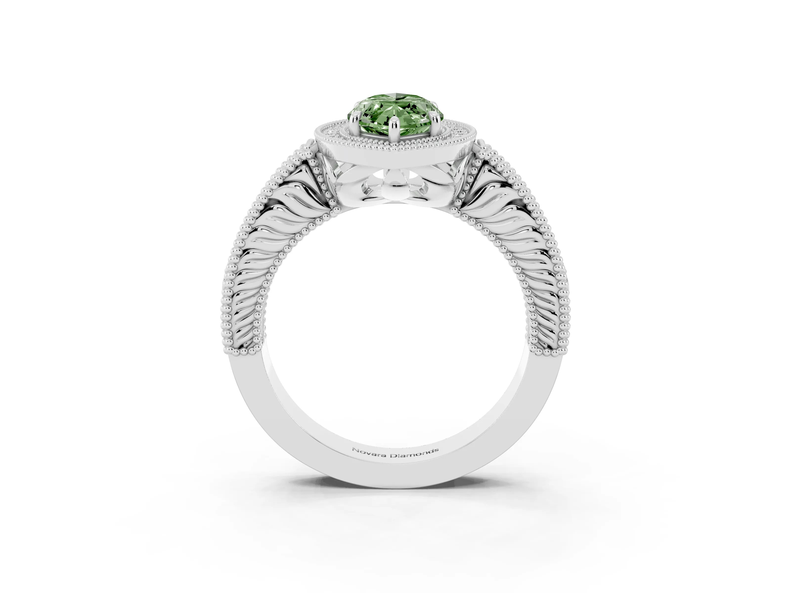 Fancy Green Marquise Cut Diamond Halo Ring Set in White gold with Round Accent Halo, Pavé Band and Prong Setting