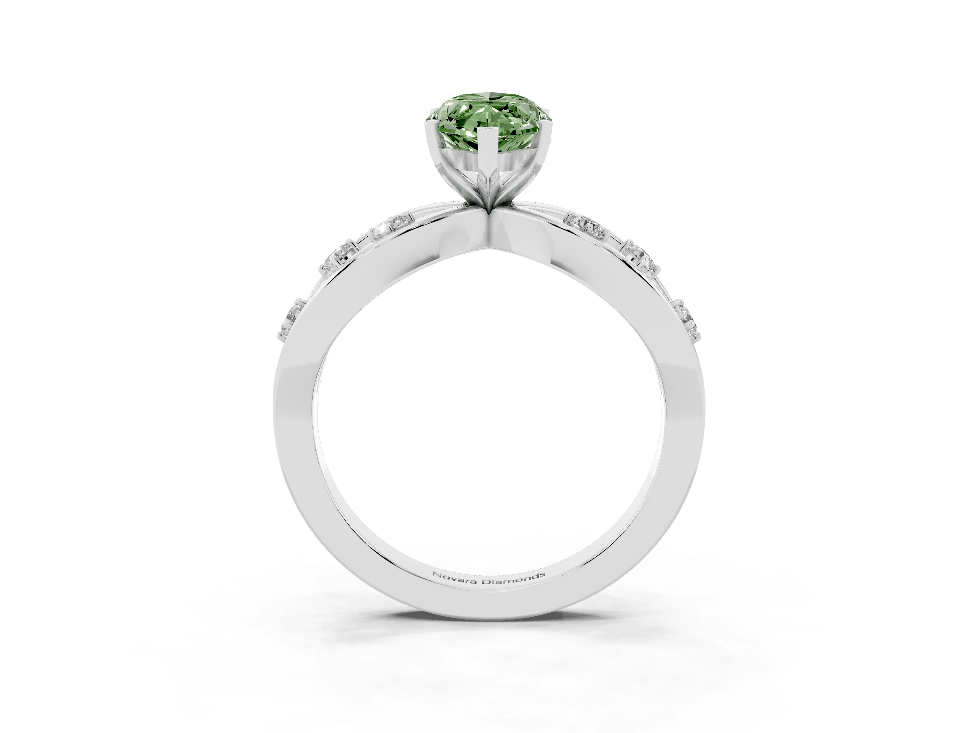 Fancy Green Marquise Cut Diamond Solitaire Ring Set in White gold with Side Stones on Criss-Cross Band and Prong Setting