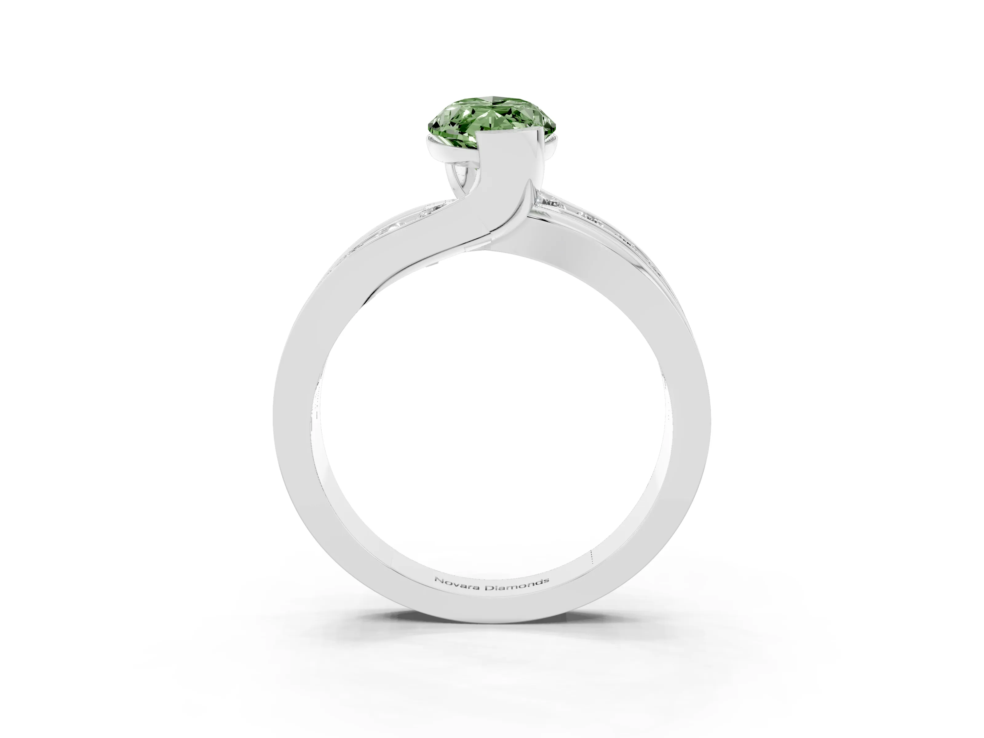 Fancy Green Marquise Cut Diamond Solitaire Ring Set in Silver with Channel Set Split Shank and Tension Prongs