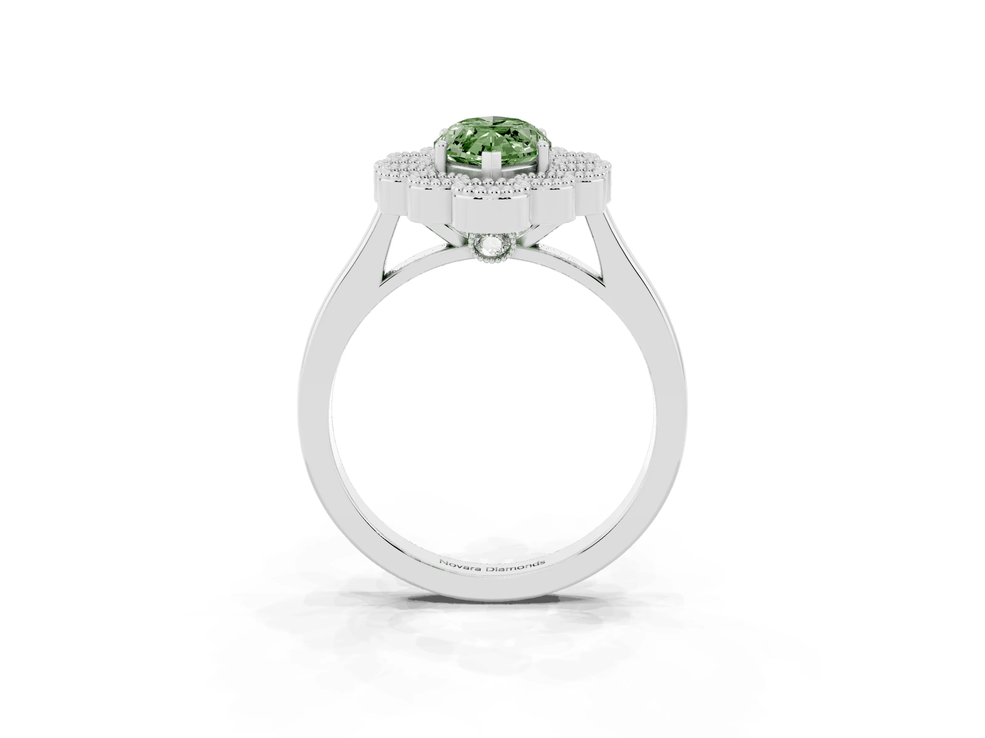 Fancy Green Marquise Cut Diamond Cluster Halo Ring Set in White gold with Milgrain Bezel Accents and Plain Band