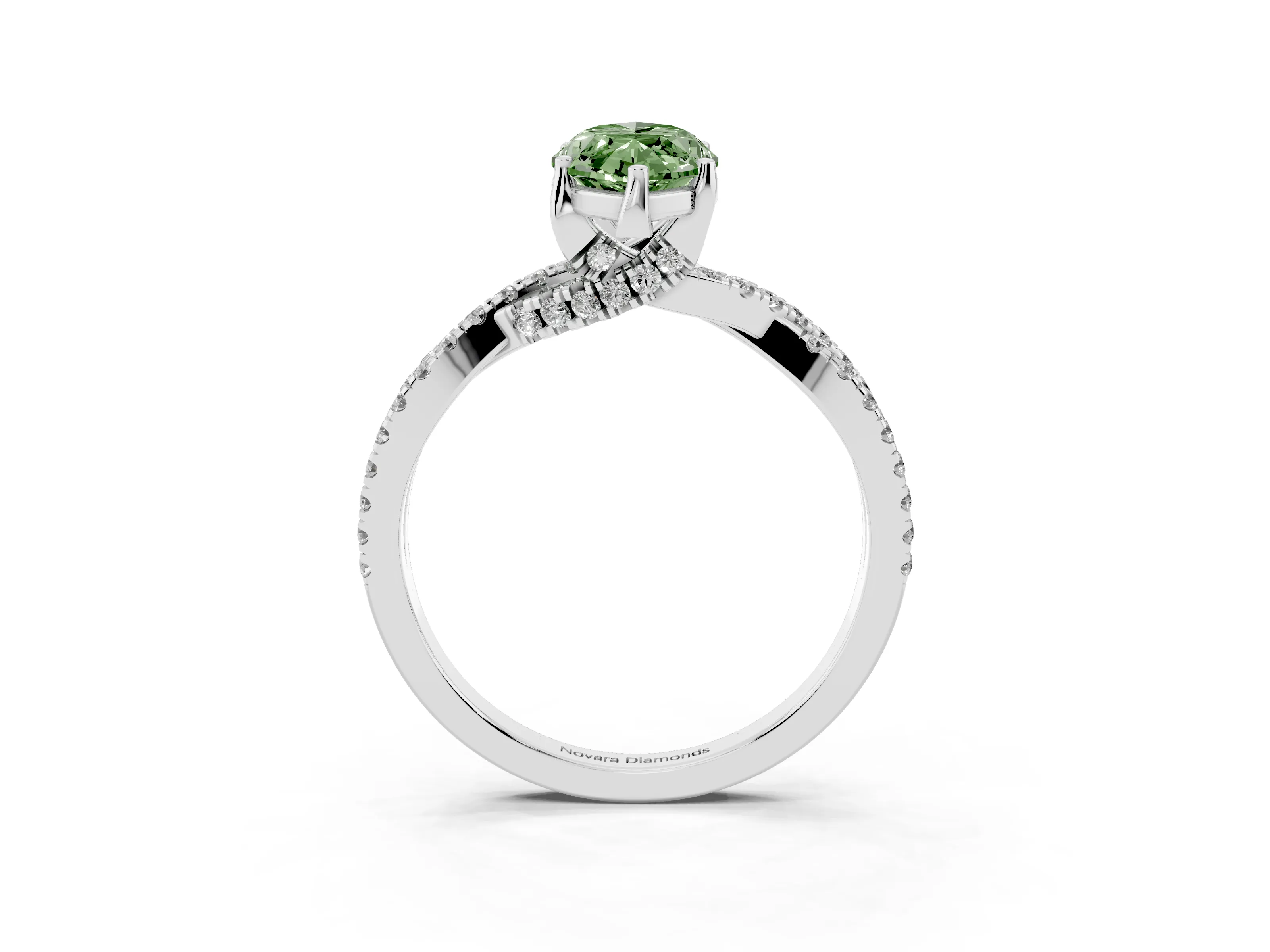 Fancy Green Marquise Cut Diamond Twist Pavé Solitaire Engagement Ring Set in White gold with Prong Setting