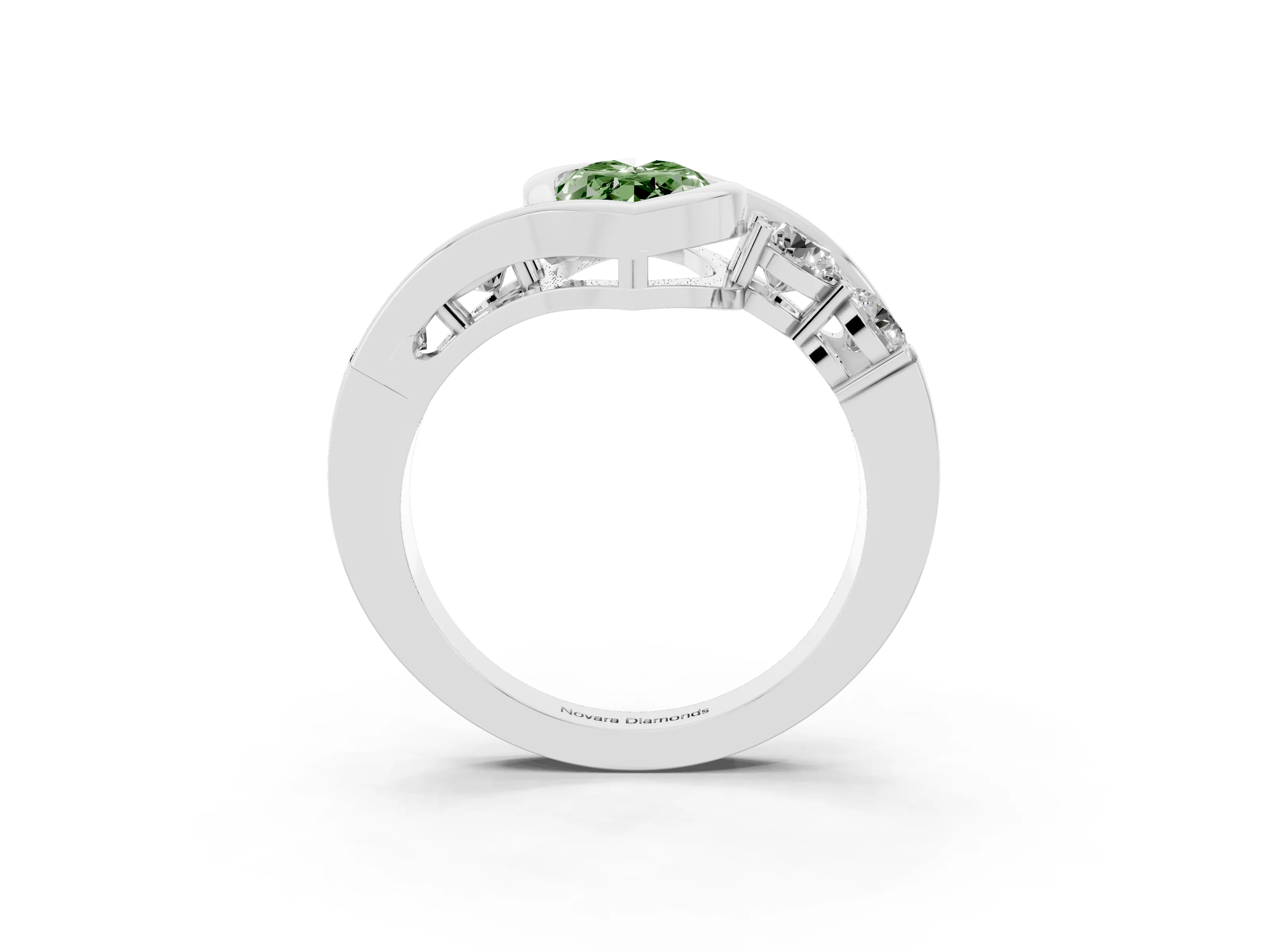 Fancy Green Marquise Cut Diamond Bezel Bypass Ring Set in Silver with Round Accents