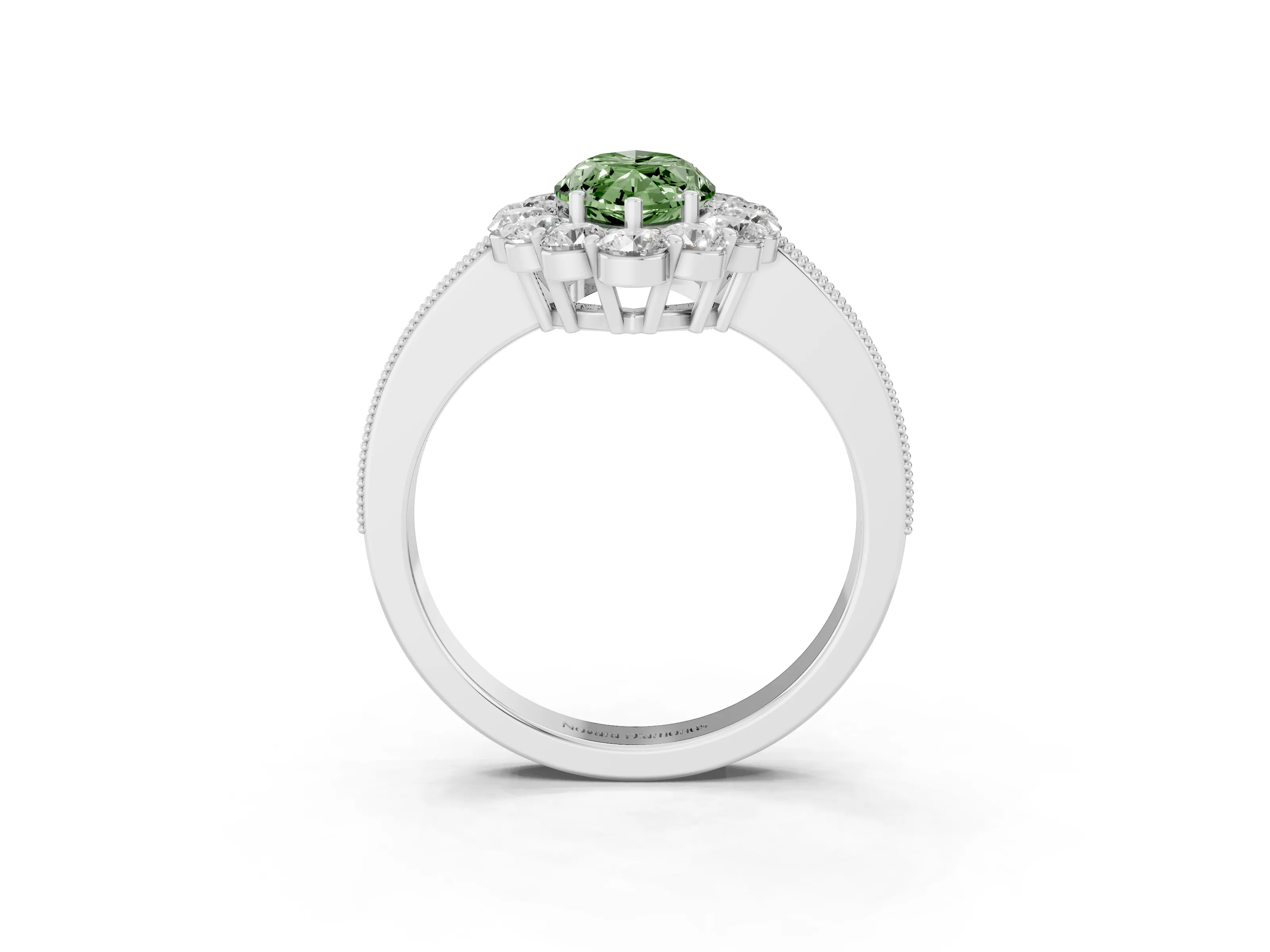 Fancy Green Marquise Cut Diamond Halo Pavé Engagement Ring Set in White gold with Milgrain Detailing