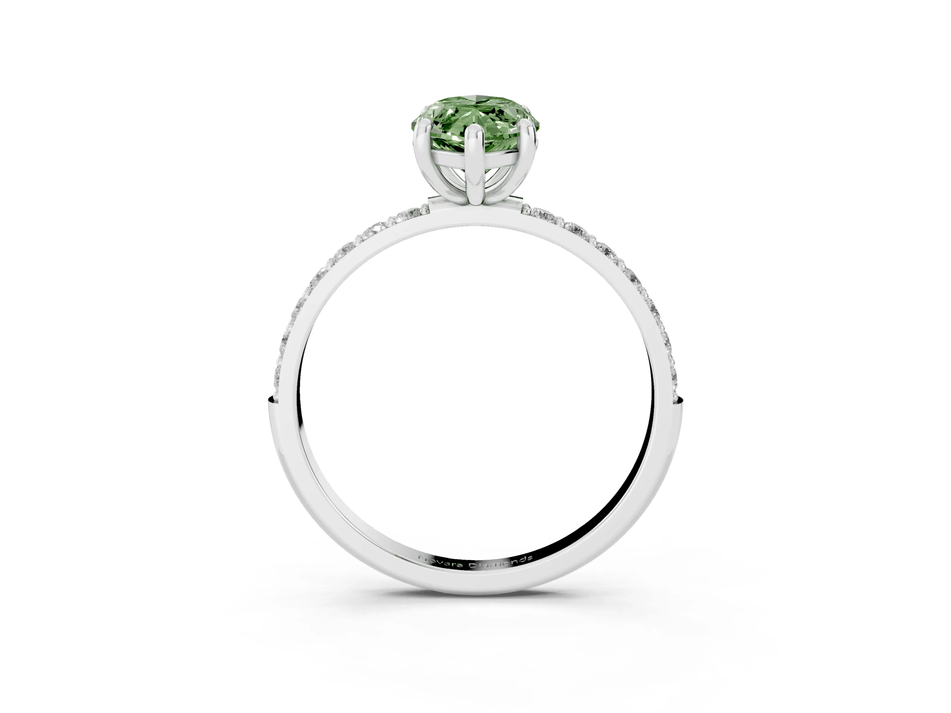 Fancy Green Marquise Cut Diamond Solitaire Ring Set in Silver with Round Pavé Band and Prong Setting