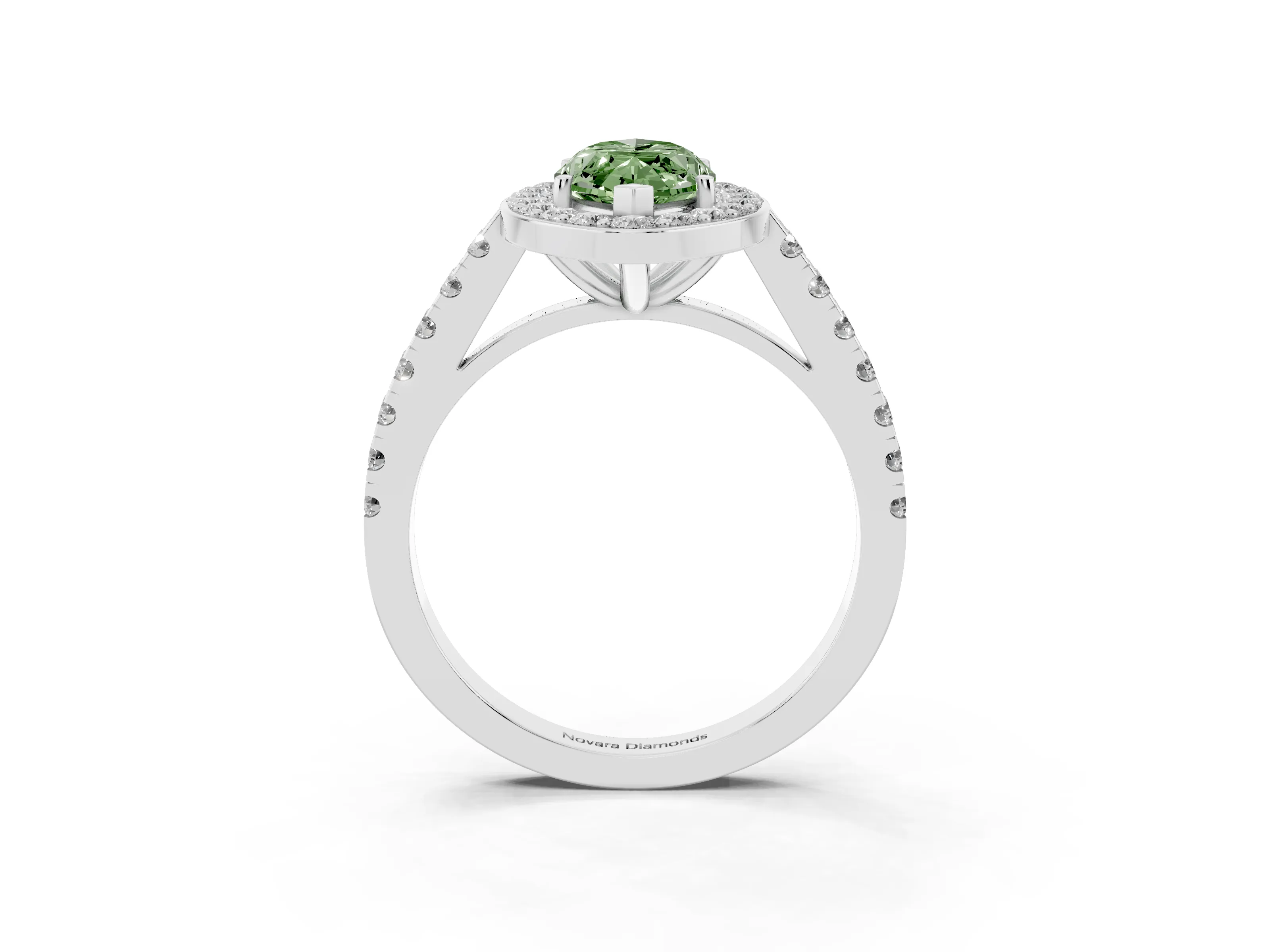 Fancy Green Marquise Cut Diamond Halo Ring Set in Platinum with Round Pavé Split Shank and Prong Setting