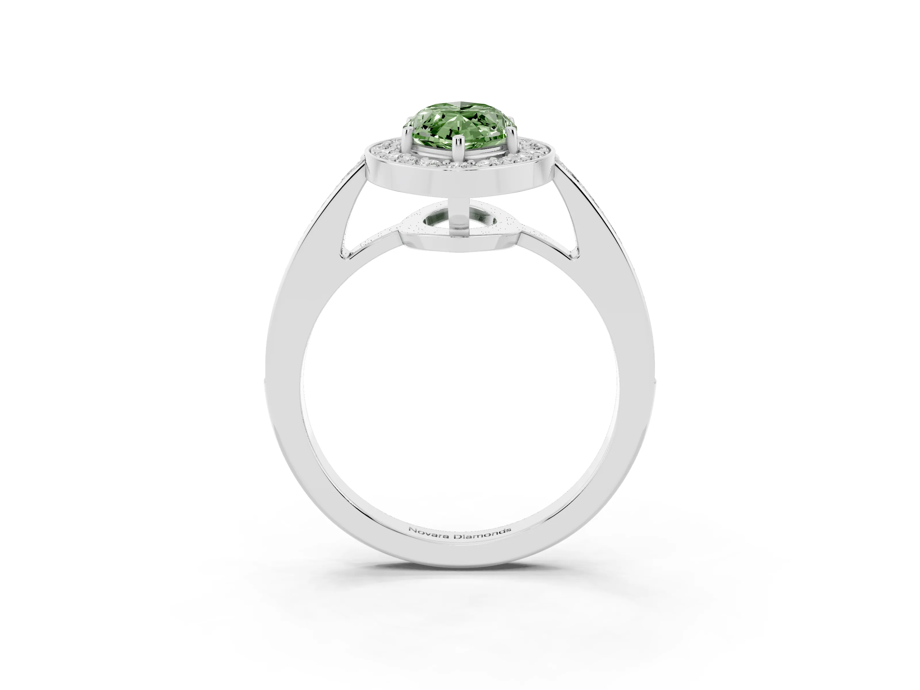 Fancy Green Marquise Cut Diamond Halo Pavé Engagement Ring Set in White gold with Bezel Setting
