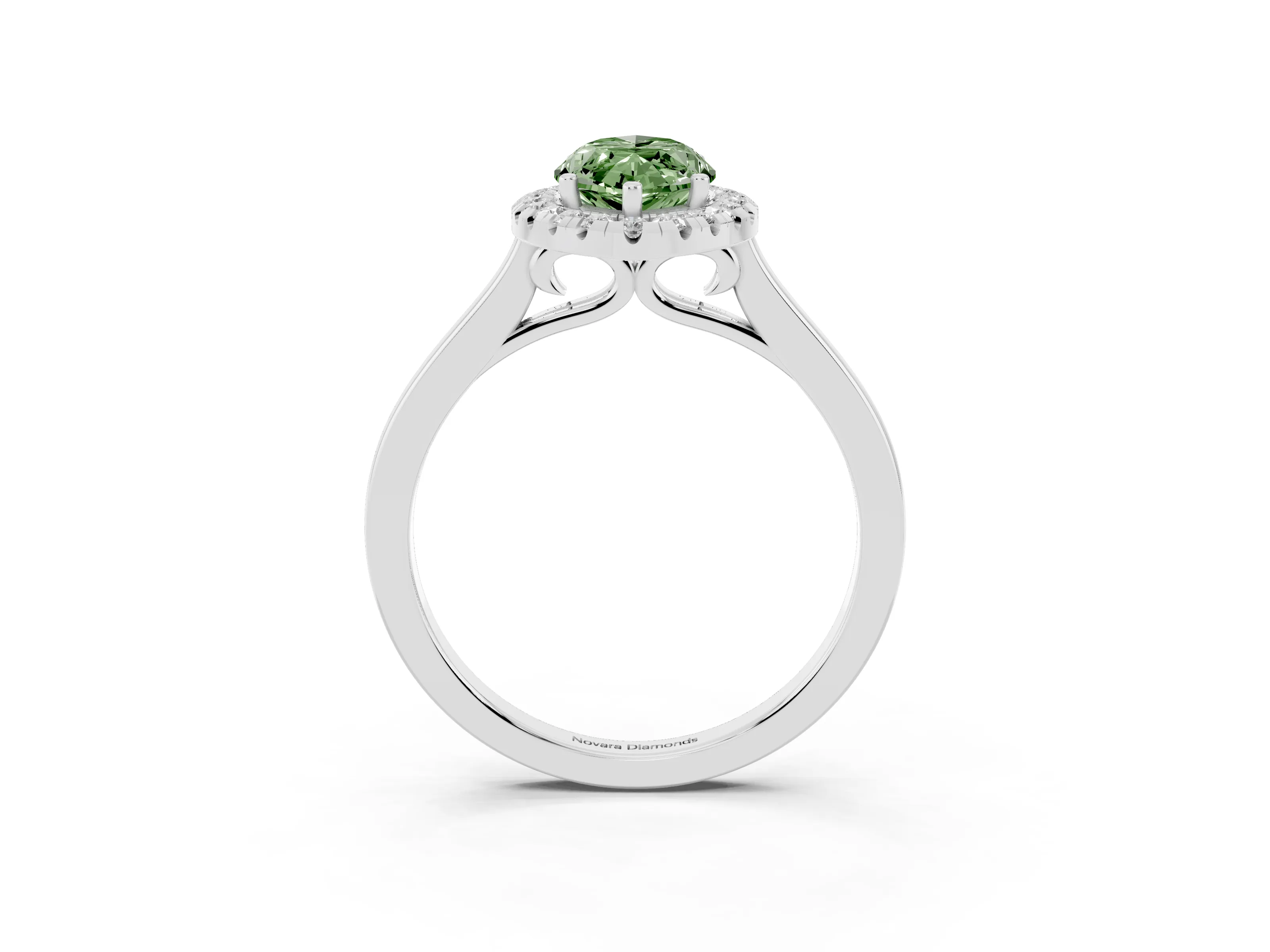 Fancy Green Marquise Cut Halo Round Diamond Solitaire Ring Set in Platinum with Pavé Band and Prong Setting