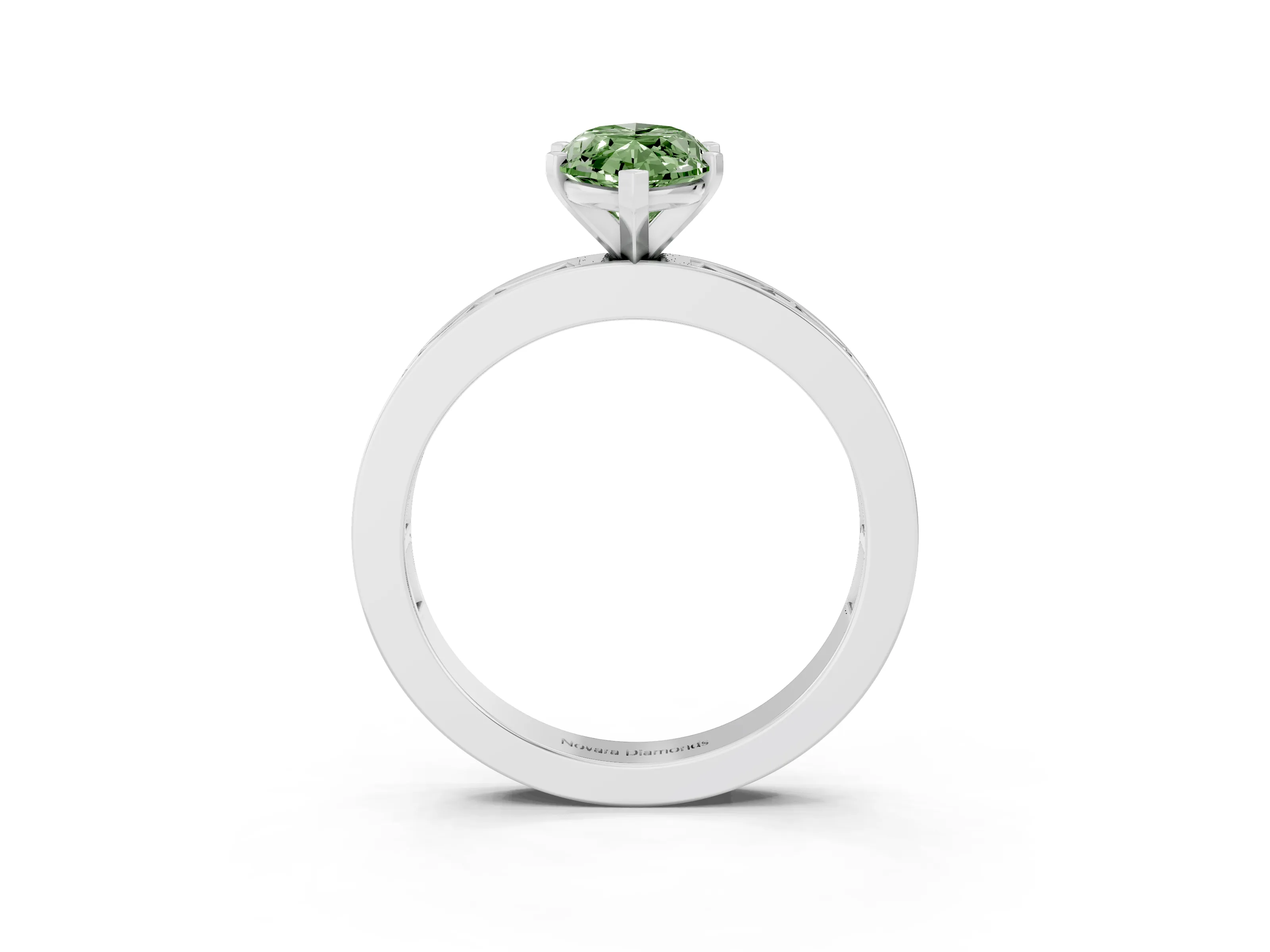 Fancy Green Marquise Cut Diamond Solitaire Ring Set in Silver with Channel-Set Baguette Band and Prong Setting