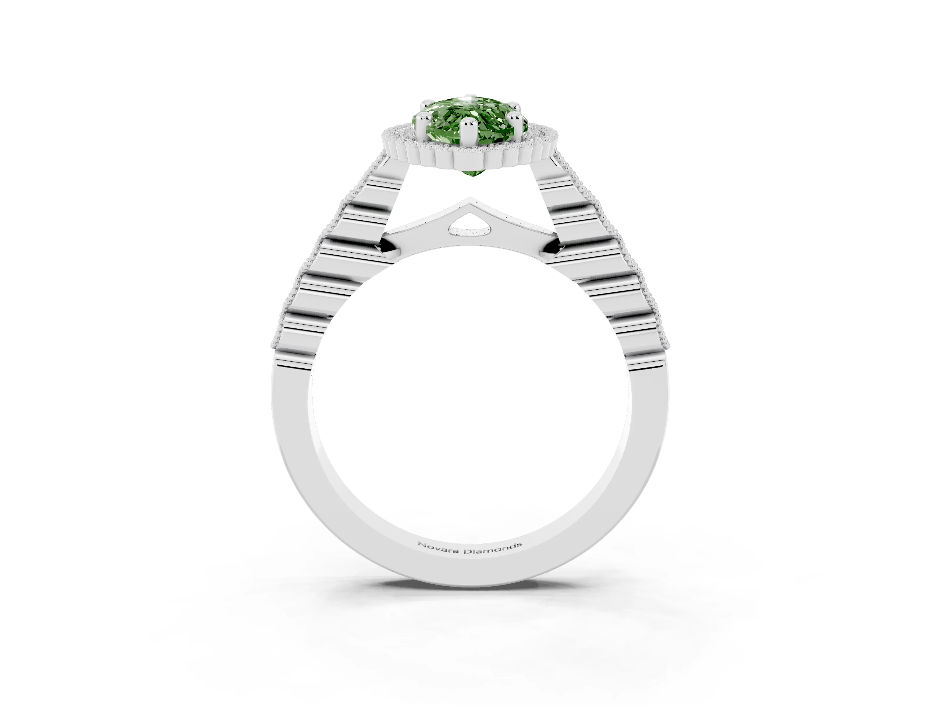 Fancy Green Marquise Cut Diamond Halo Ring Set in Silver with Pavé Milgrain Band