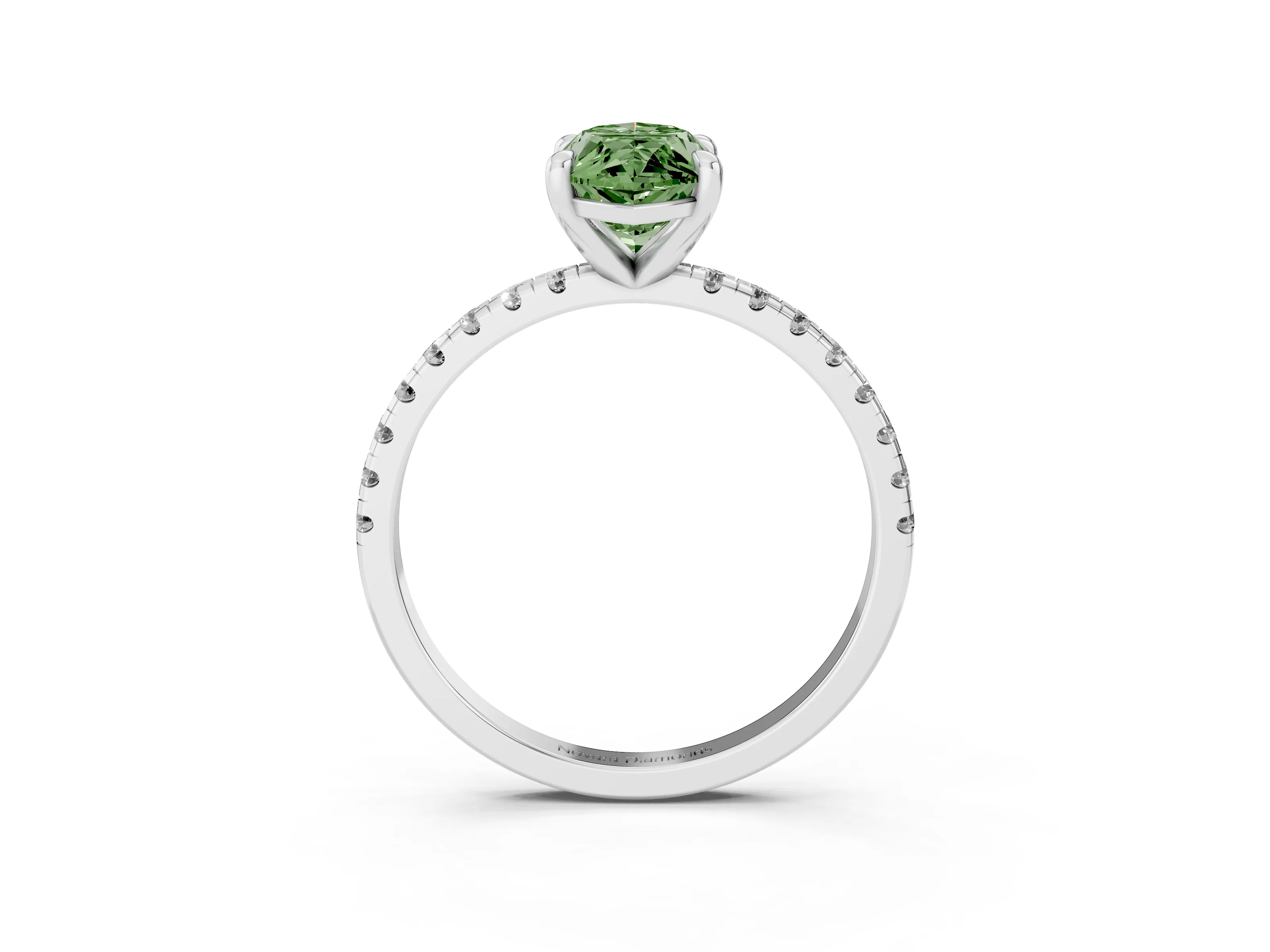 Fancy Green Marquise Cut Diamond Brilliant Solitaire Ring Set in White gold with Pavé Band and Prong Setting